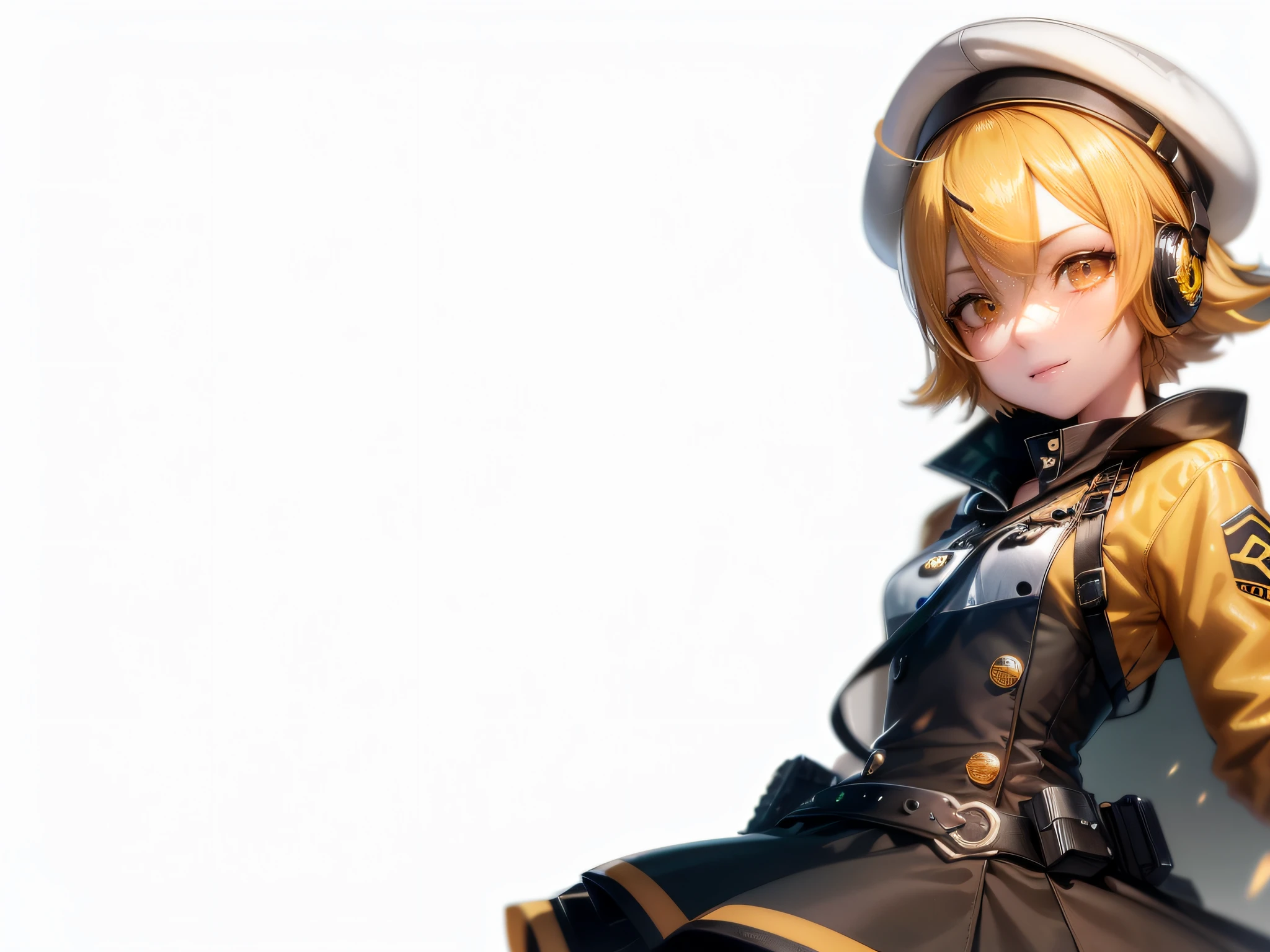 kagamine rin，Anime comic style, Gradient hair, There are dull hairs on the top of the head, crossed bangs, short detailed hair, hair is floating, crossed bangs,  Glowing eyes, Bright orange eyes, Extra-long lashes, Show fangs, Determined eyes, Eyes face to face, parted lip,Beautiful pupils，watery big eyes，Extra-long lashes，The cheeks are slightly cherry red，ssmile