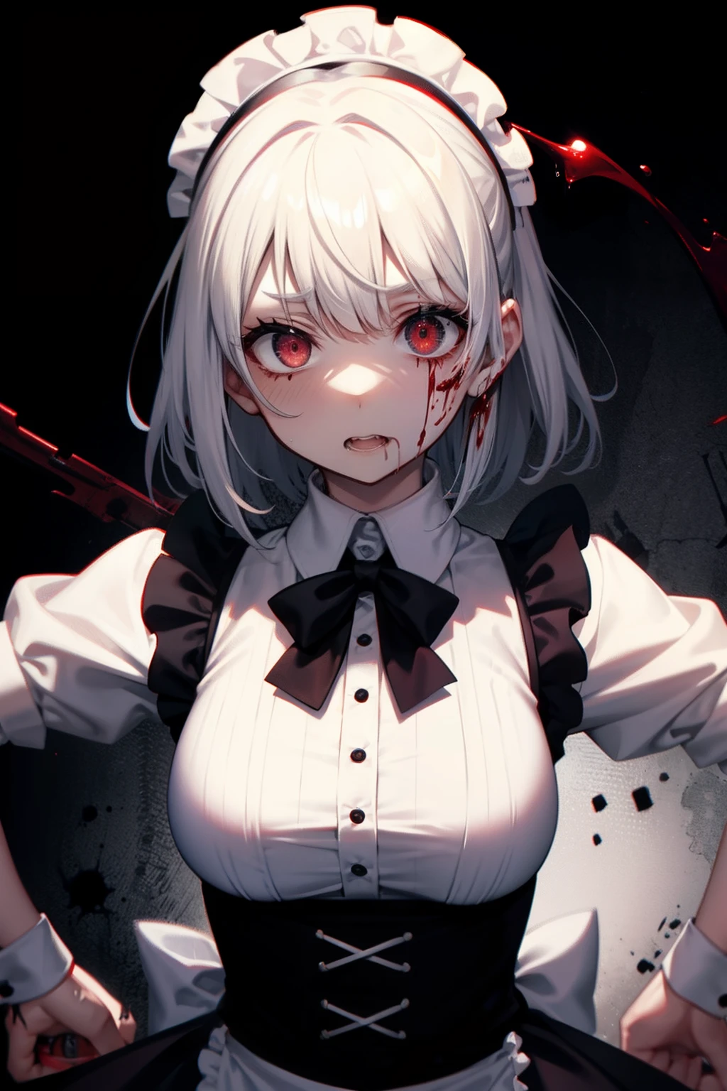 Maid, murderer, bloody, insane expression, crazy eyes