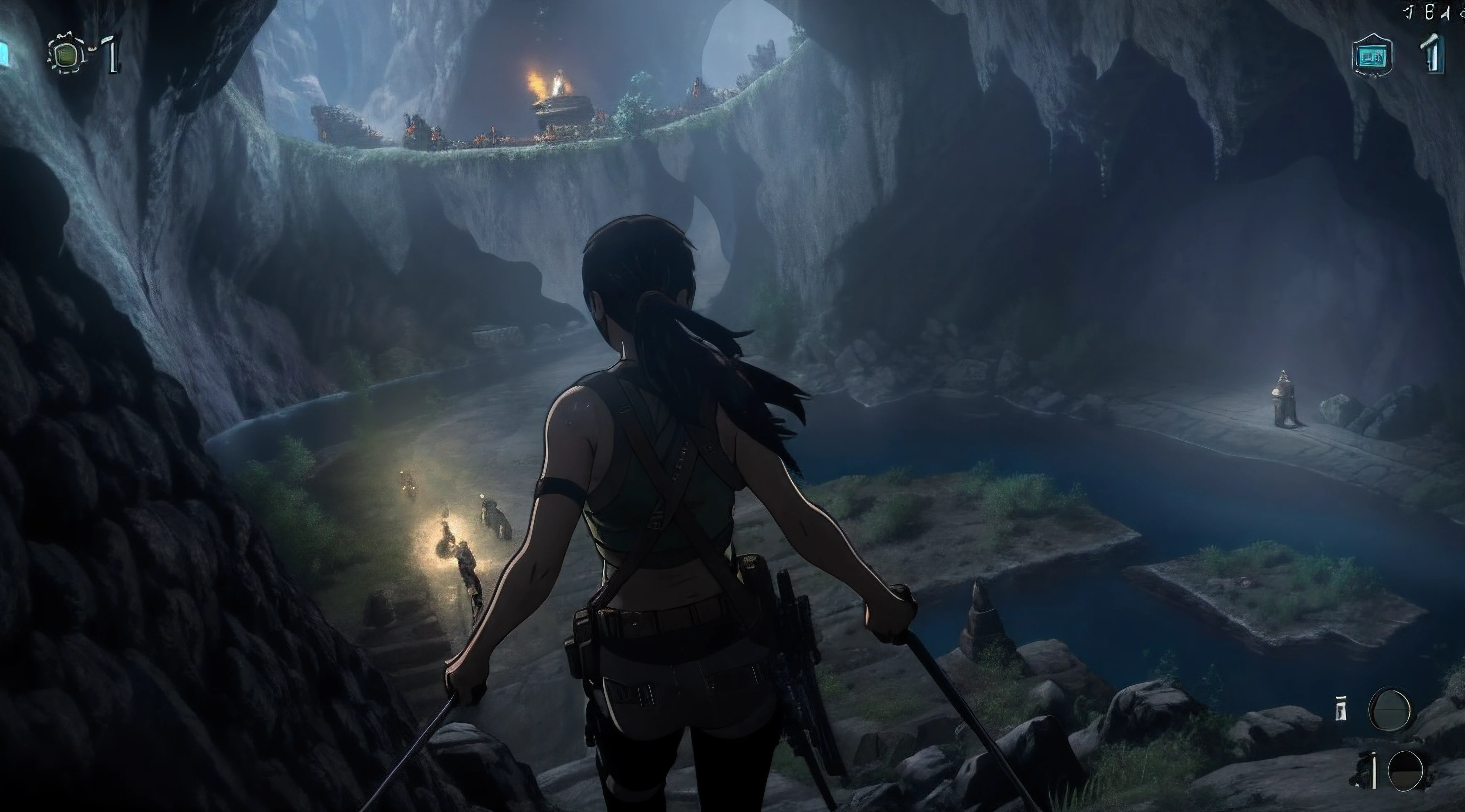 Araffed Bridge in a cave,There was a woman on it, game footage, video game screenshot>, Tomb Raider setting, The rise of Tomb Raider, Shadow of the Tomb Raiders, hd 4k game screenshot, gameplay video, in-game footage, in - game footage, ps 4 gameplay, video game screenshot, gameplay screenshot with ui, game screenshot