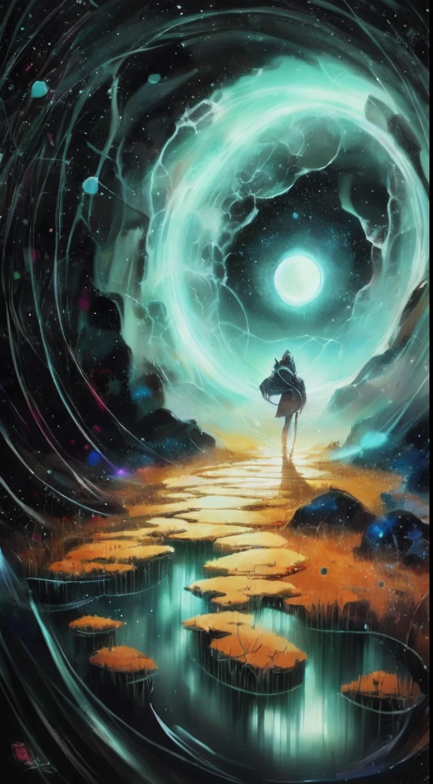 person, standing in front of a space portal overlooking the sun, cyril rolando and goro fujita, gateway to another universe, Inspired by Cyril Rolando, gateway to another dimension, world, visible only through the portal, High quality fantasy stock photo, portal to another world, portal to outer space, In the style of Cyril Rolando, Looking into space, Universe, Magical Galactic Portal, The Cycle of the Stars, God