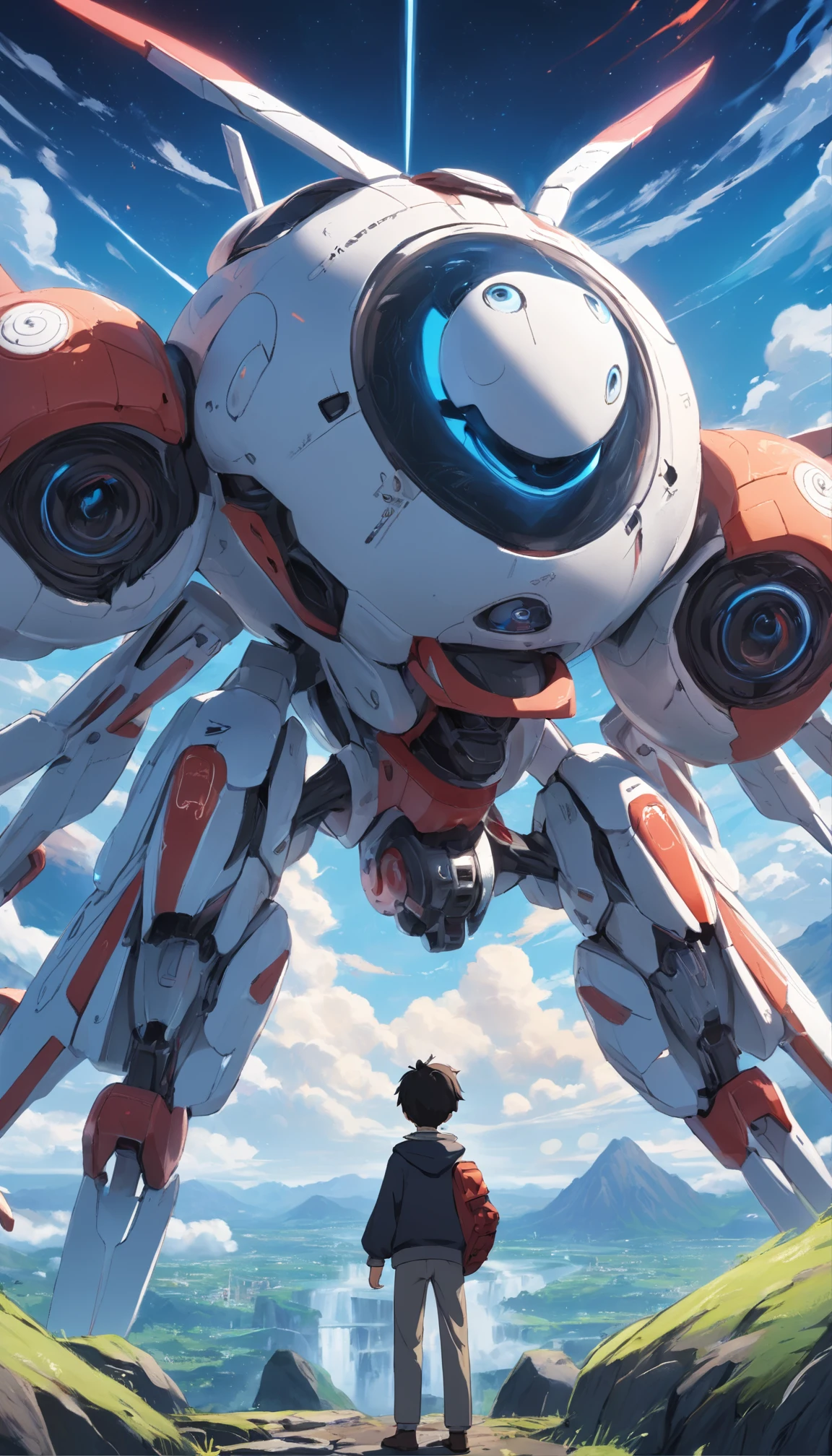 A boy controls a quadcopter drone,in style of hayao miyazaki,ultra fine detailed,Unique angle