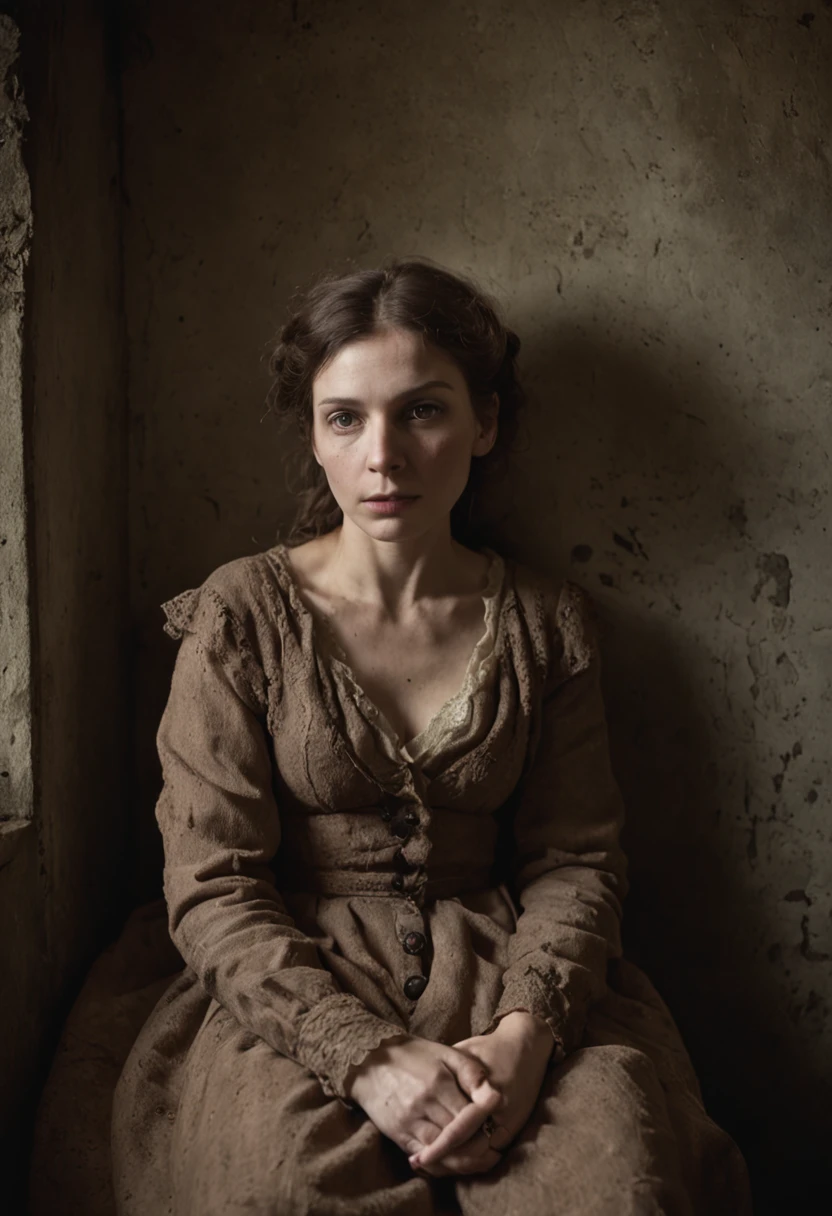 woman in basement, alone, grim atmosphere, jan saudek style