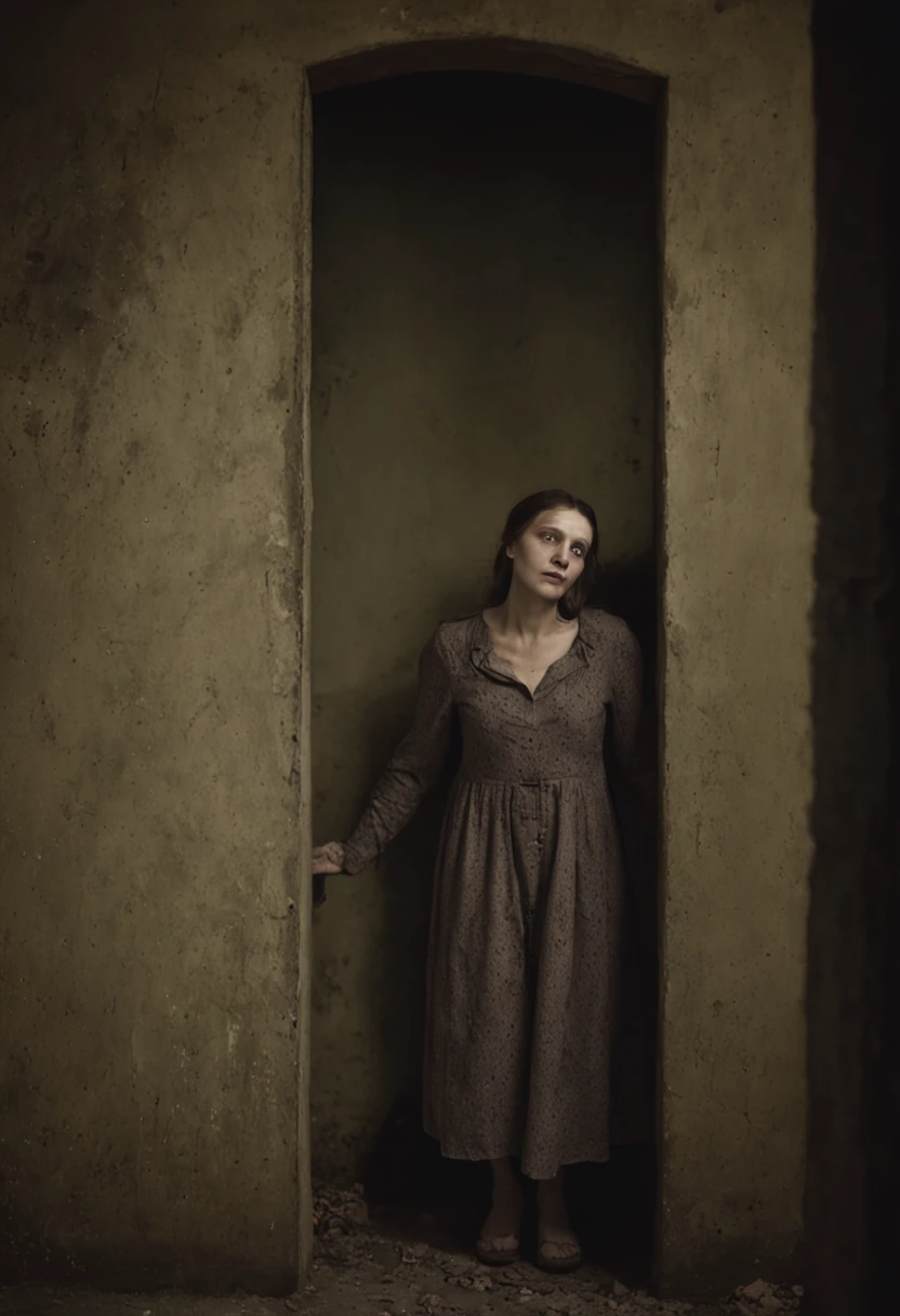 woman in basement, alone, grim atmosphere, jan saudek style