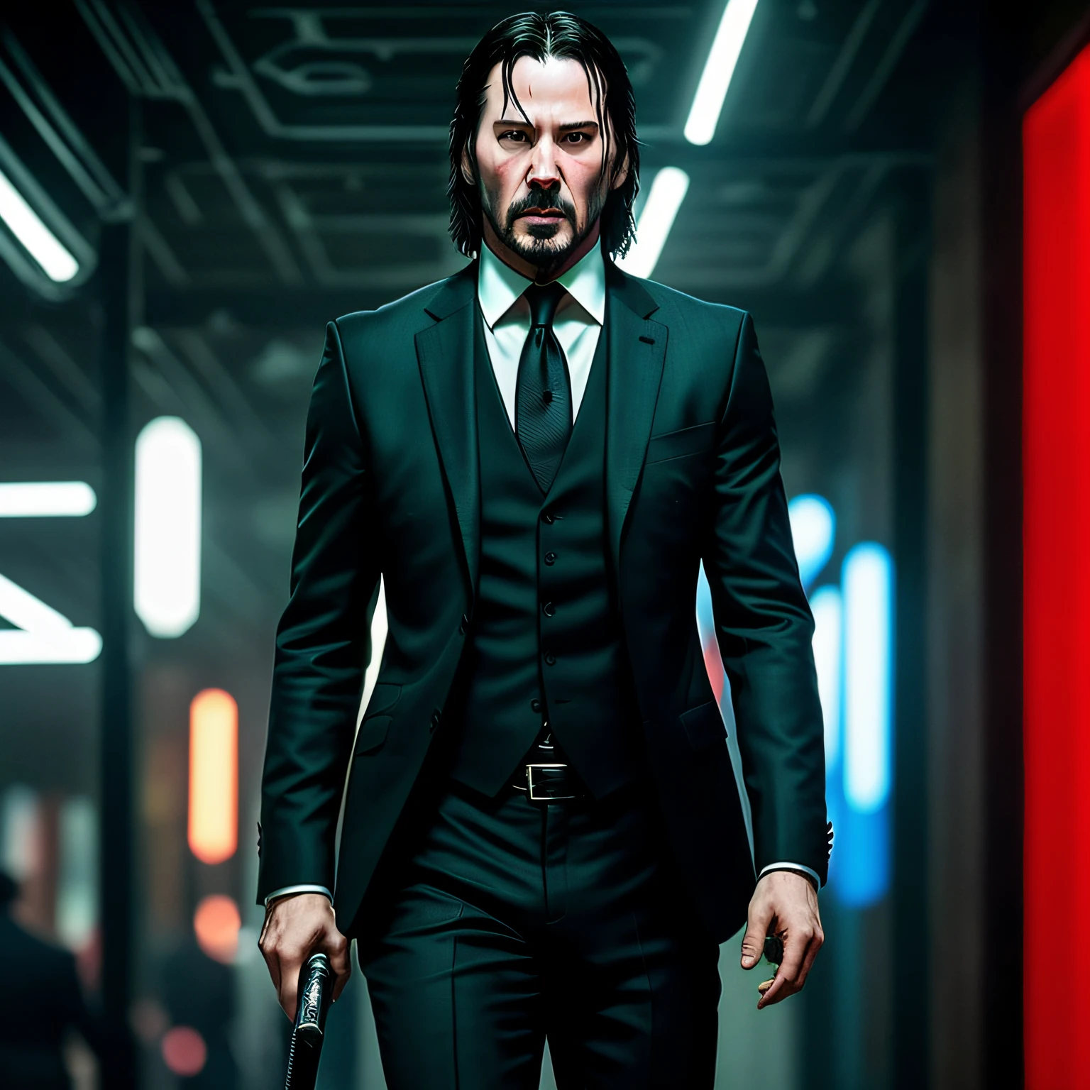 Crie uma imagem de mim em um terno elegante, inspirado no estilo de John Wick, with a focus on attitude and striking presence."