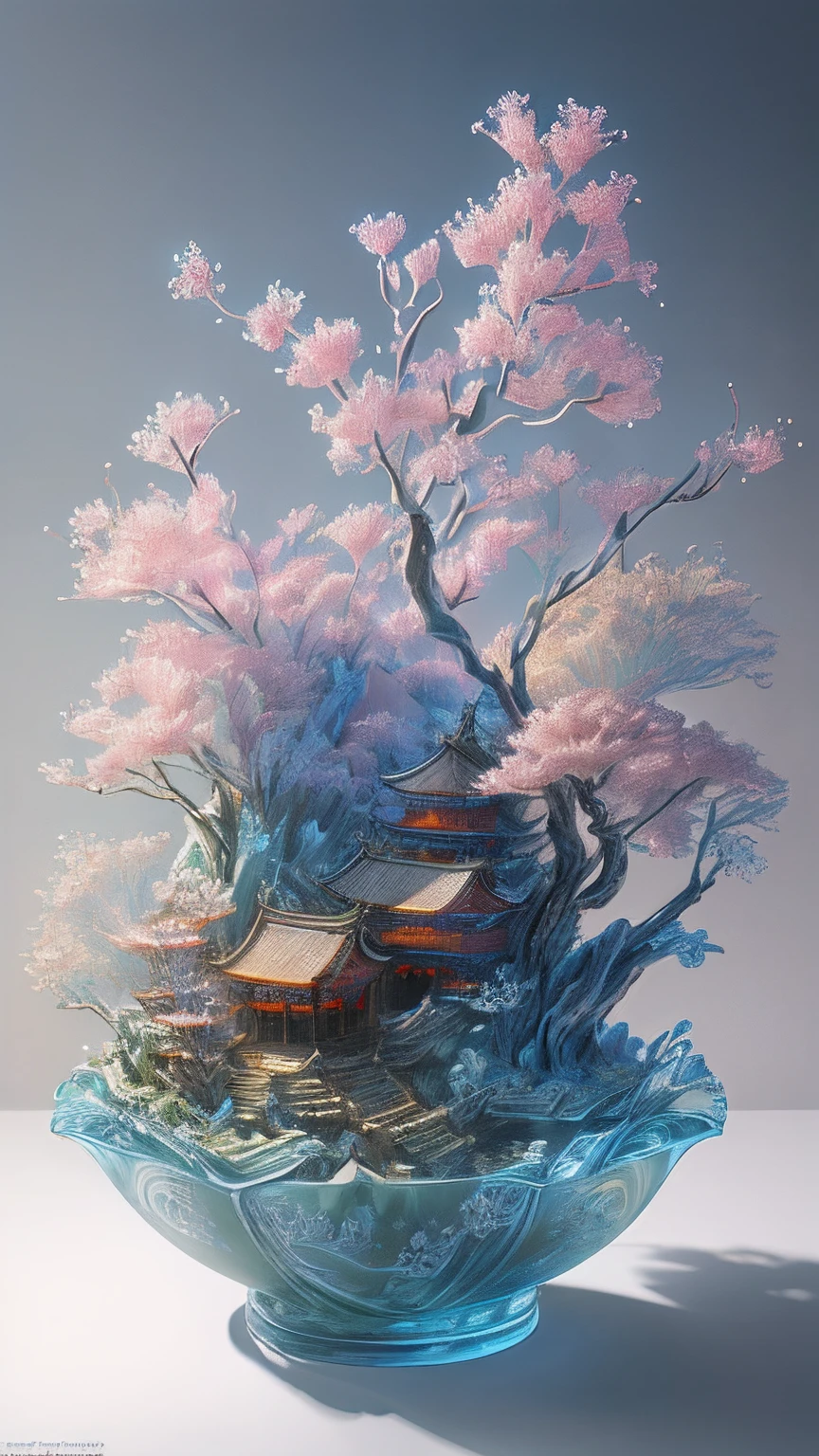 best quality, realistic, photorealistic, ultra detailed, "Mountain of Flower and Fruit+Fairy+Chinese Architecture" highly detailed carving on "southern ice" porcelain,Ultra wide angle,Accent Lighting,Volumetric Lighting,backlighting, (detailed light),((an extremely delicate and beautiful)),dramatic_shadow,ray_tracing,hdr