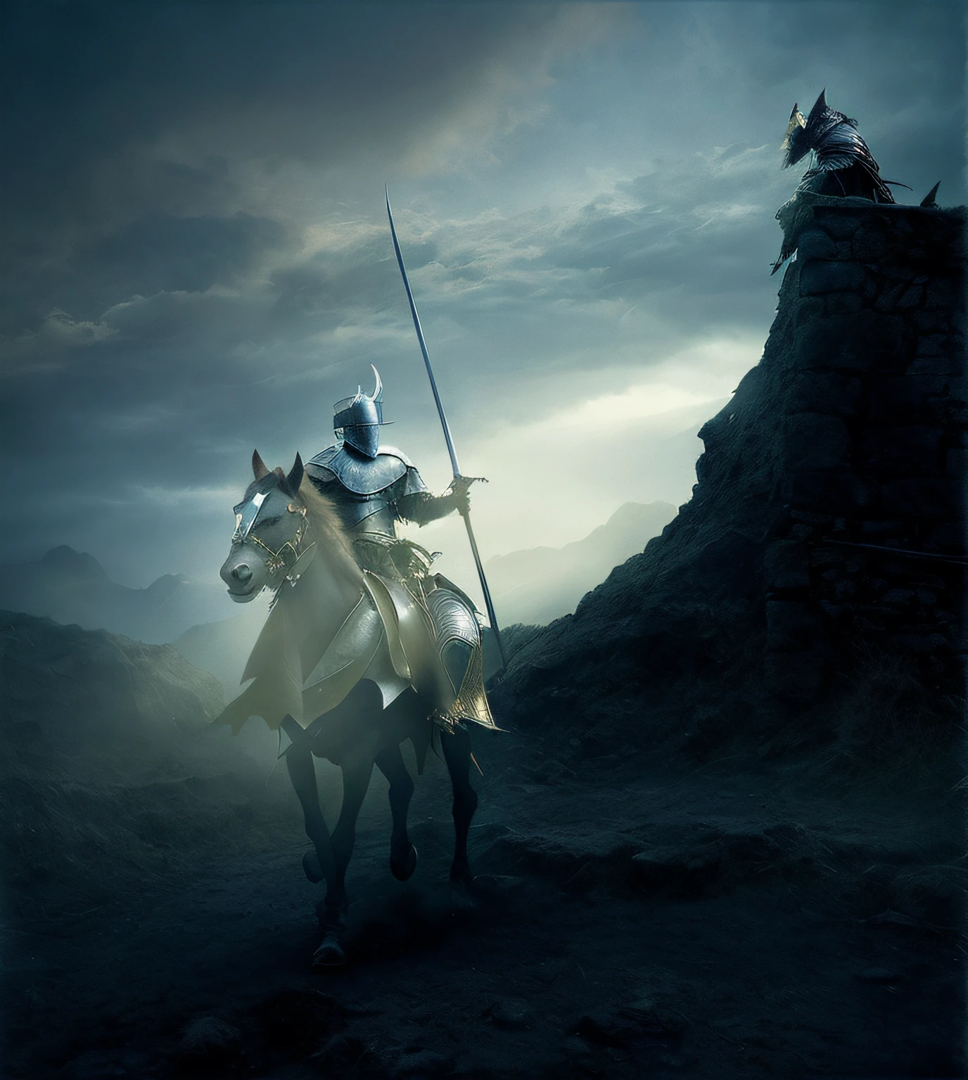 There was a man on a horse，With a sword and a dog, knight on horseback, Lightning and thunder behind him，author：Darek Zabroki, author：por Artur Tarnowski, Warriors fighting in dark scenes, (((cavalier))), cavalier, the dark souls knight, author：Adam Maczynski, fantasy knight, the dark souls knight, templar, Teutonic Knights
