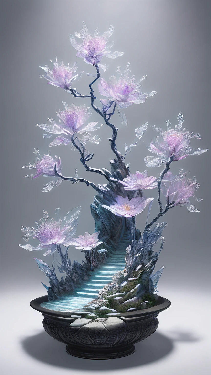 best quality, realistic, photorealistic, ultra detailed, "Mountain of Flower and Fruit+Fairy+Chinese Architecture" highly detailed carving on "southern ice" porcelain,Ultra wide angle,Accent Lighting,Volumetric Lighting,backlighting, (detailed light),((an extremely delicate and beautiful)),dramatic_shadow,ray_tracing,hdr