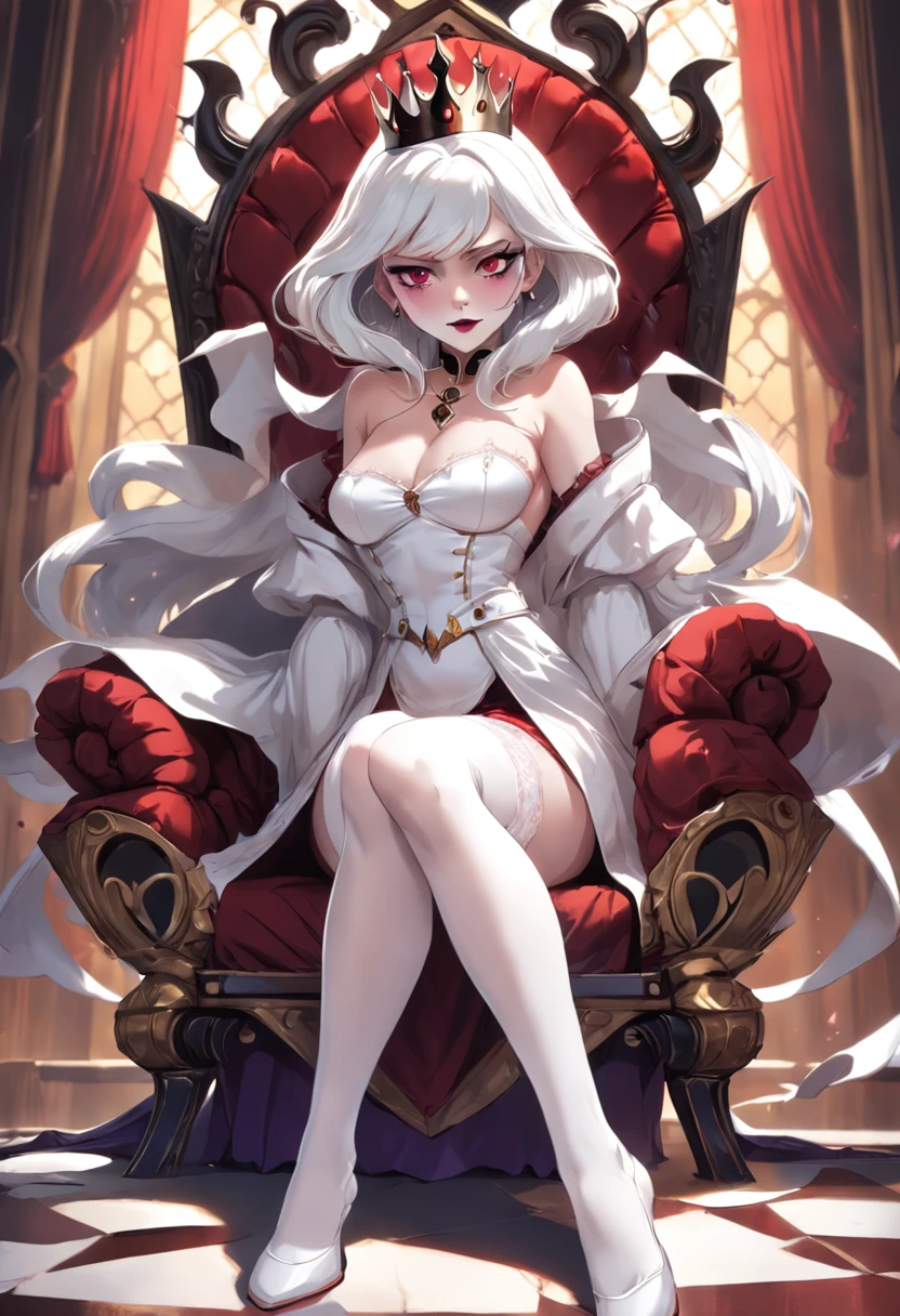 Evil Queen,White mask,White stockings,white long gloves,White mask,No shoes red,short skirt,Full body like,conservativelydressed,No shoes,unholy,Sit Pose,sitting on an royal throne,big breasts beautiful,whaite hair,short detailed hair