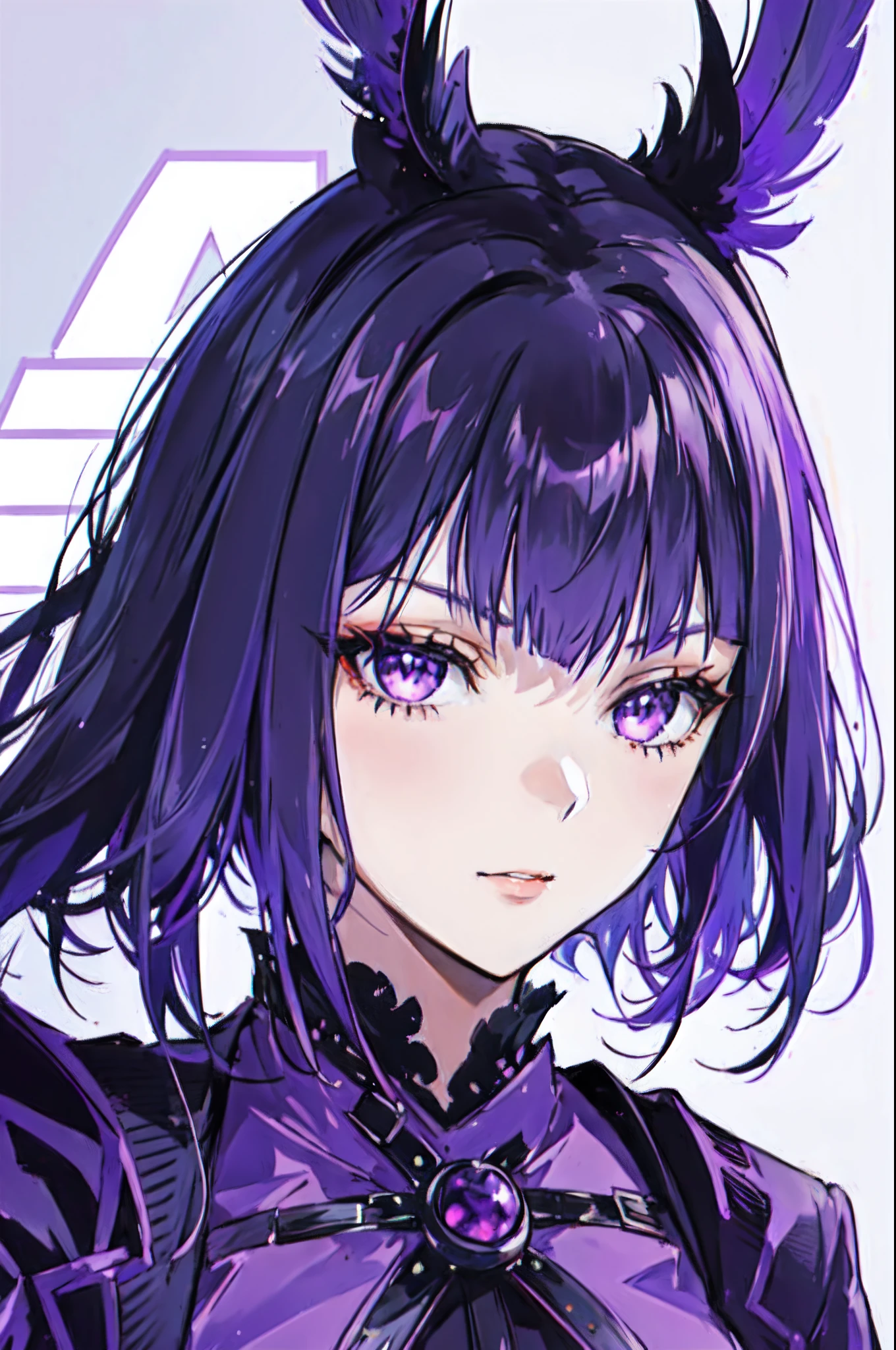 a close up of a girl in a purple outfit, raven black hair, raven, raven hair, villain pose, raven black, high quality, detailed, portrait of raven