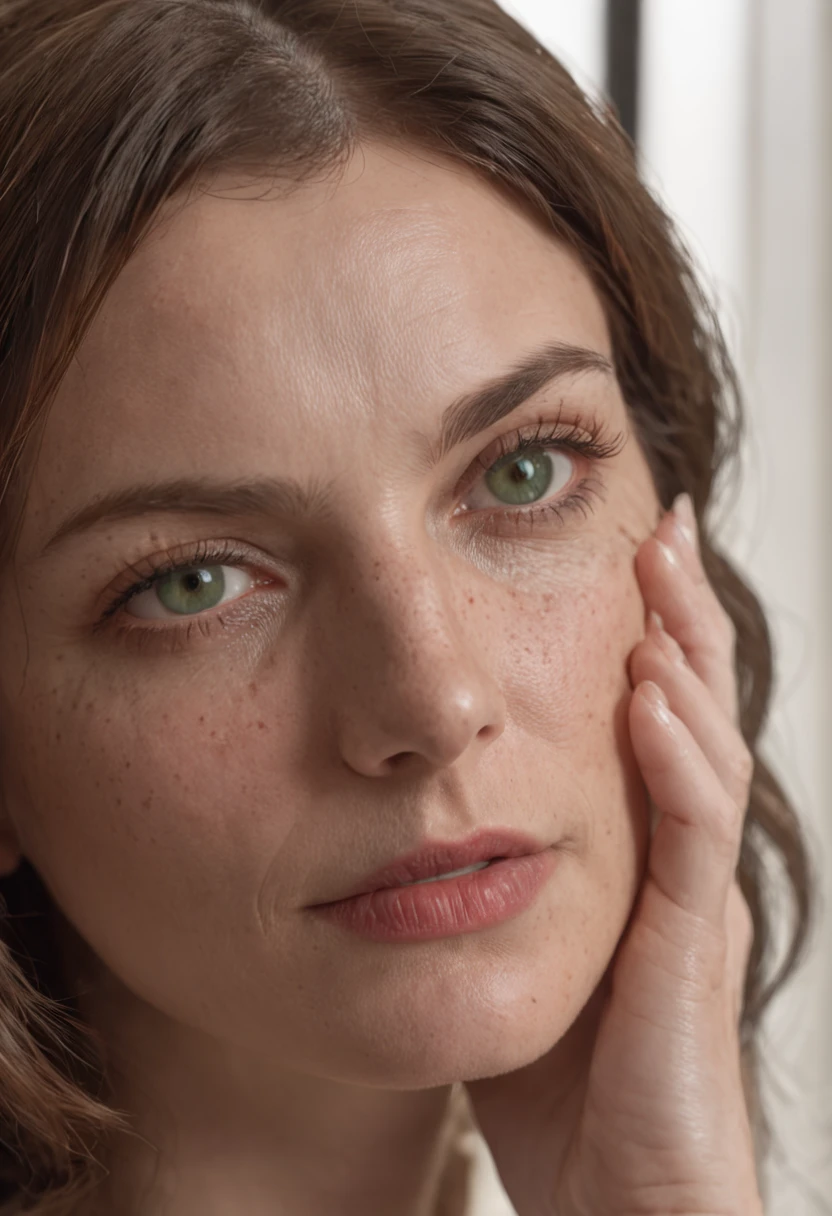 Detailed and realistic 30-year-old woman italienne , Realistic 8K quality, gentil, wrinkled skin pore texture (Rousseur: 0.2), cheveux brun long, Detailed green eyes Cracked lips, Watch behind closed doors Cinematographic photography (Realstic, Realstic: 1.33), Soft natural lighting Dramatic lighting, profondeur de champ, grain du film, Of course, Ultra-detailed, Composition de portraits intimes, Leica 50mm | | petit sourire, maillot de bain rouge