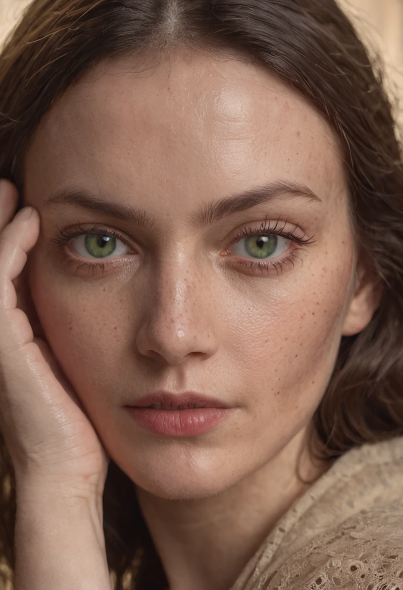 Detailed and realistic 30-year-old woman italienne , Realistic 8K quality, gentil, wrinkled skin pore texture (Rousseur: 0.2), cheveux brun long, Detailed green eyes Cracked lips, Watch behind closed doors Cinematographic photography (Realstic, Realstic: 1.33), Soft natural lighting Dramatic lighting, profondeur de champ, grain du film, Of course, Ultra-detailed, Composition de portraits intimes, Leica 50mm | | petit sourire, maillot de bain rouge