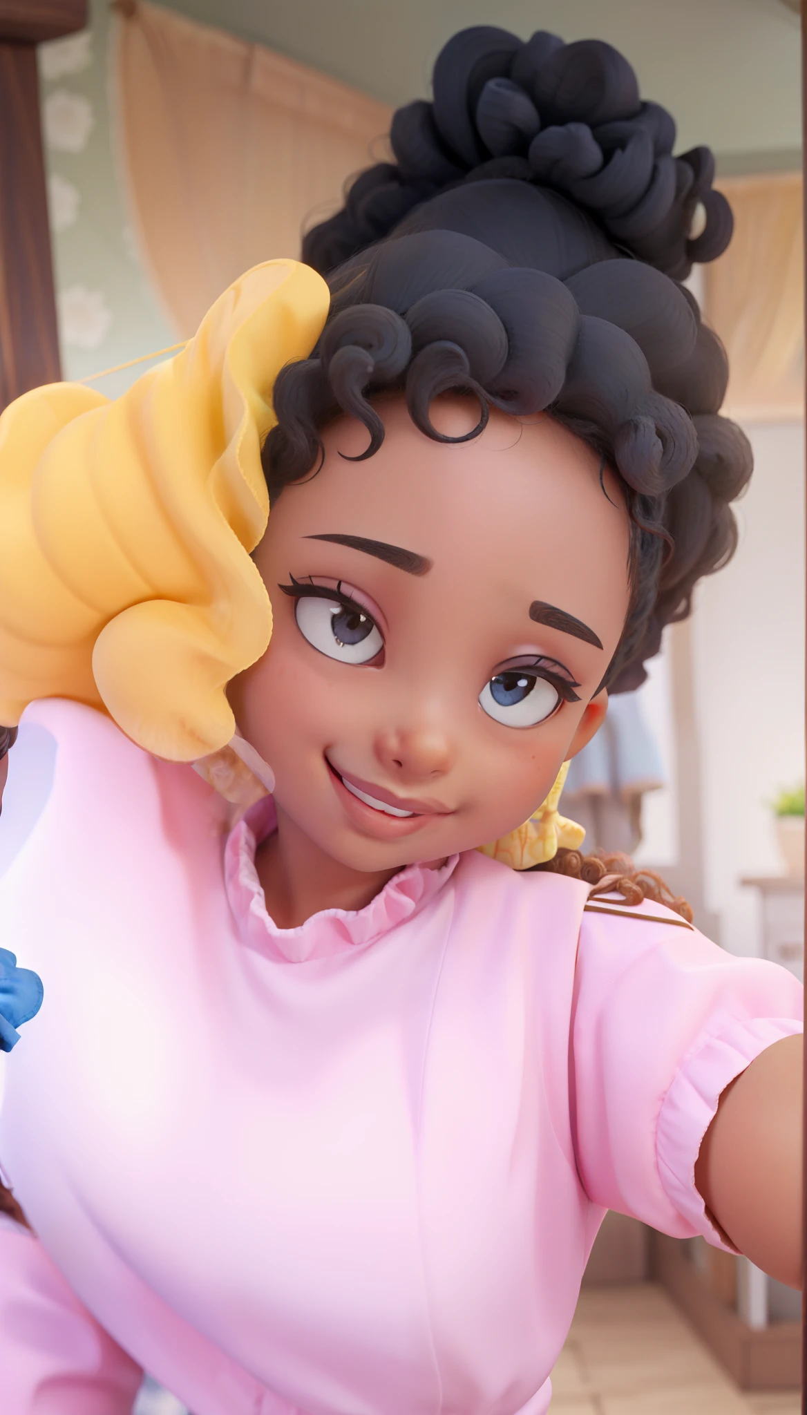 Black girl, curly hair with ribbon, blue shirt, jeans onepiece, beeautiful curly hair, beautiful face, Brown curly hair, honey colored eyes, beautiful, romantic, looking at the camera, Green Screen background, full body, delicate face, smile, intricate detail, 4k, high resolution, Pixar Cartoon style picture