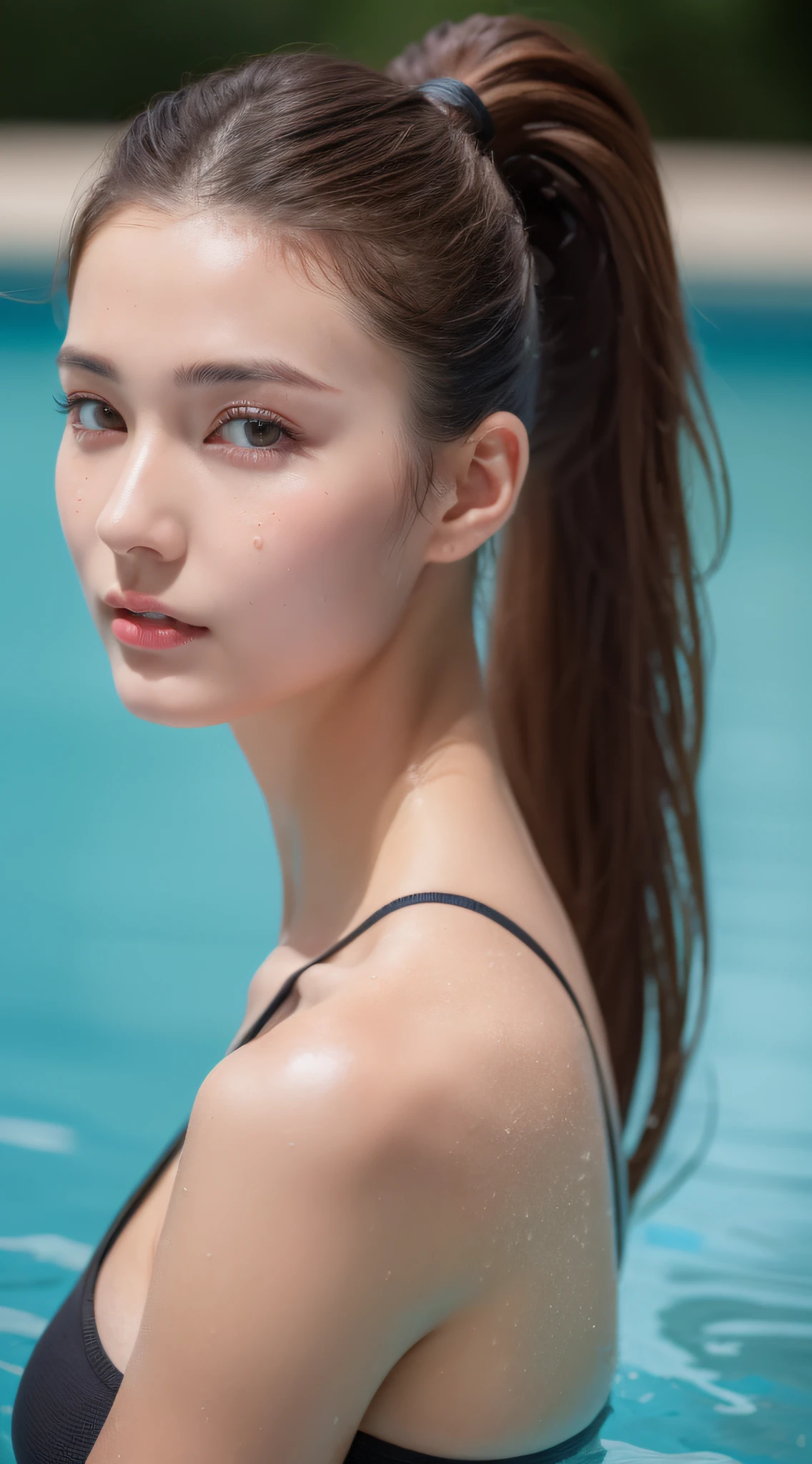 ((Best quality, 8k, Masterpiece :1.3)), 1girl, Pretty woman with emphasizing slender abs :1.3, (Dark brown hair, Ponytail, Huge breasts :1.2), Wet body:1.2, Pool, Ultra-detailed face, Detailed eyes, Double eyelid
