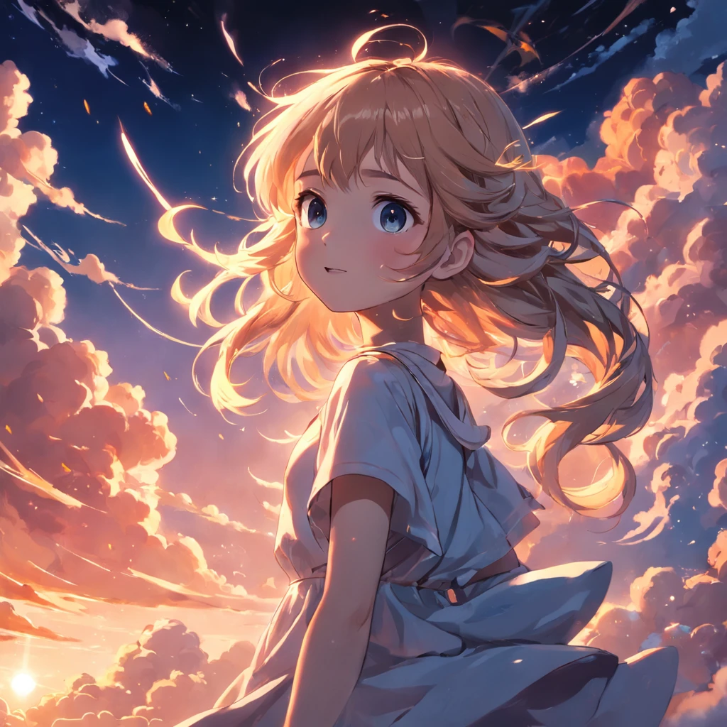 masterpiece, best quality, movie still, 1girl, cloud girl, floating in the sky, close-up, bright, happy, warm soft lighting, sunset, (sparks:0.7)