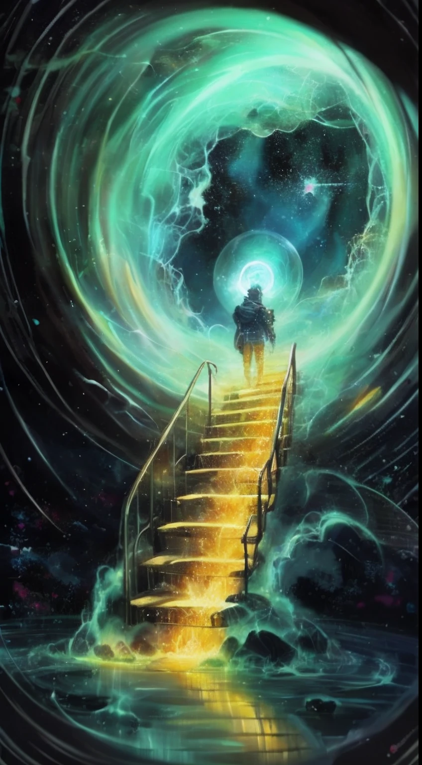 person, standing in front of a space portal overlooking the sun, cyril rolando and goro fujita, gateway to another universe, Inspired by Cyril Rolando, gateway to another dimension, world, visible only through the portal, High quality fantasy stock photo, portal to another world, portal to outer space, In the style of Cyril Rolando, Looking into space, Universe, Magical Galactic Portal, The Cycle of the Stars, God