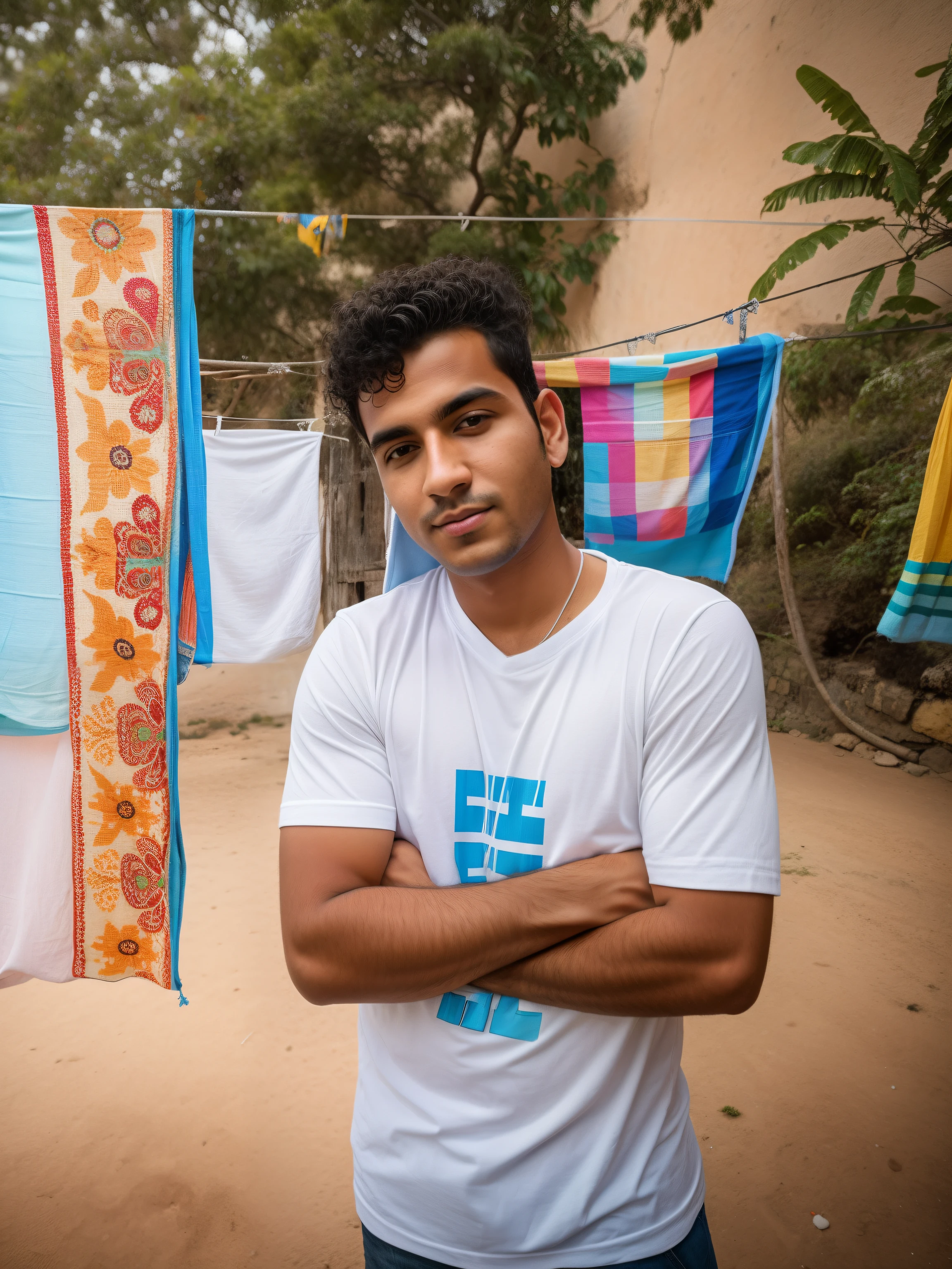 Arafed man standing in front of a clothesline with a colorful cloth hanging in the background, ele tem cerca de 2 0 anos de idade, ele tem cerca de 20 anos, em torno de 1 9 anos, Riyahd Cassiem, com uma pose cool, Tomado com Sony Alpha 9, ele tem cerca de 2 5 anos de idade, Tiro na Nikon Z9