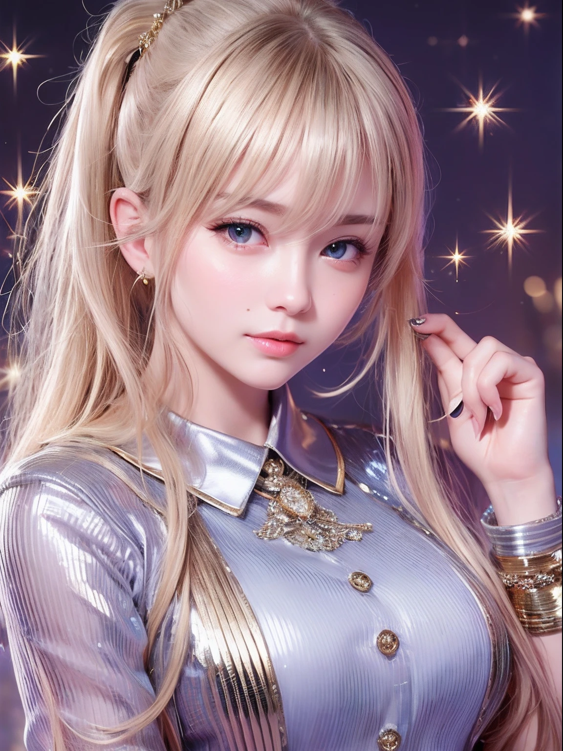 porate、School uniforms、bright expression、poneyTail、young and shiny white shiny skin、Best Looks、Gold reflects light、Platinum blonde hair,Shine brightly、Shiny light hair,、Super long silky straight hair、Beautiful bangs that shine、Big blue eyes that sparkle like crystal clear and charming、Very nice and lovely 16 year old girl、Lush bust