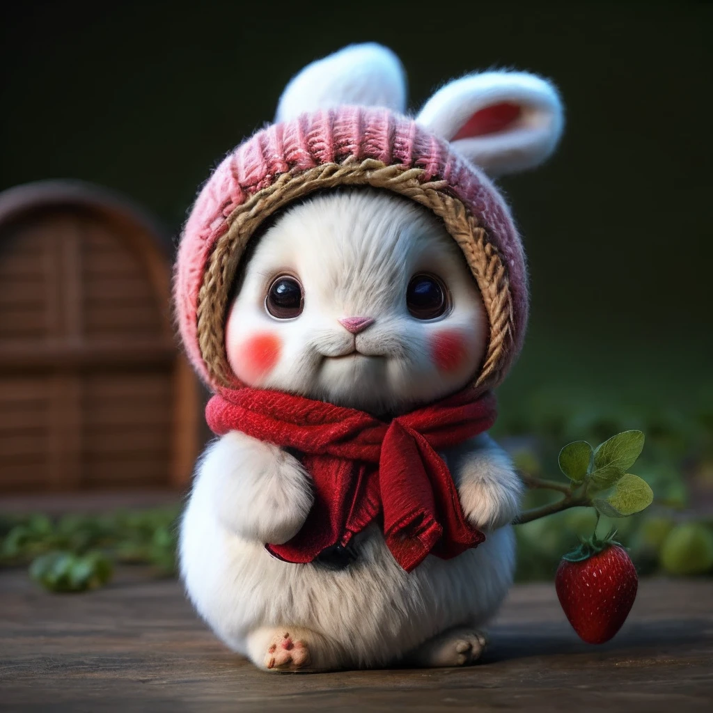 :3. Rabbit, realistic, hairy, clothed animal, apple, bear, teak, cherry, food, fruit, full body, hat, non-human, strawberry, tomato, watermelon