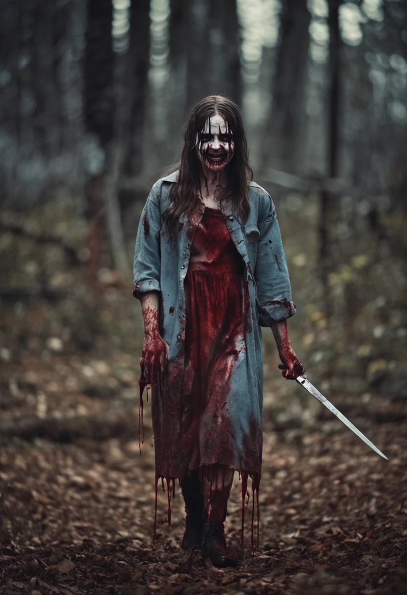(horror scene) she is holding a knife with a sinsiter smile and scary stance her clothes are soaked in blood bloody, her skin is soaked very bloody