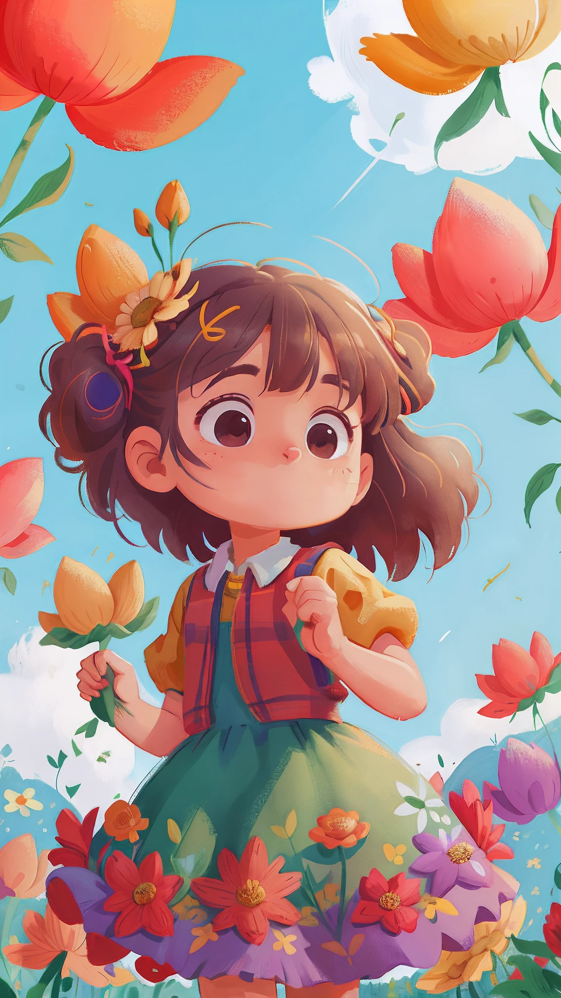 A girl holding flowers, colorful balloons floating in the sky, meadow, dancing, holding flowers, happy, happy, perfect quality, clear focus (clutter-home: 0.8), (masterpiece: 1.2) (Realistic: 1.2) (Bokeh) (Best quality) (Detailed skin: 1.3) (Intricate details) (8K) (Detail Eyes) (Sharp Focus), (Happy)