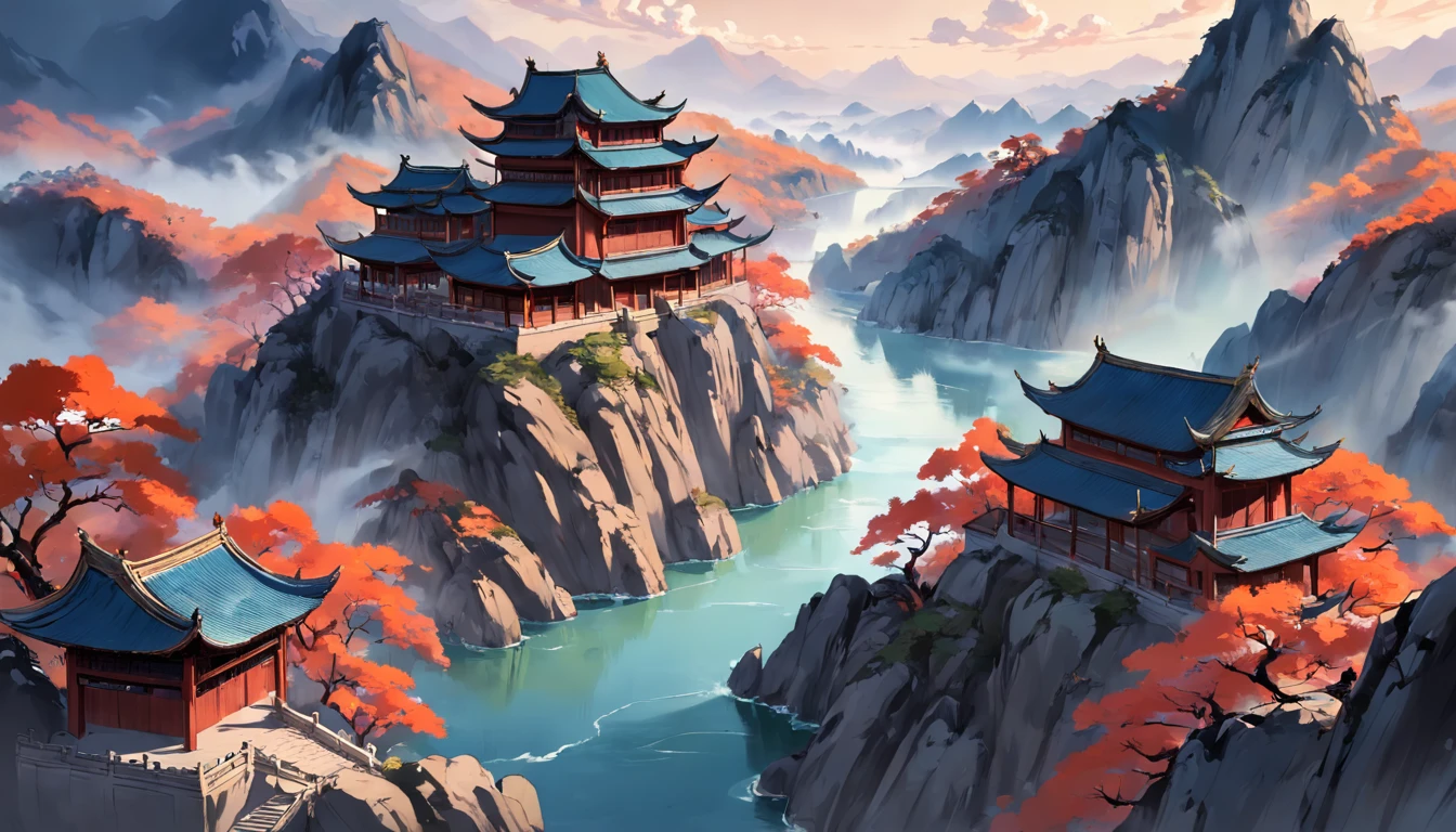 Chinese Landscape Ink Painting High Angle Perspective OC Rendered Sculpture