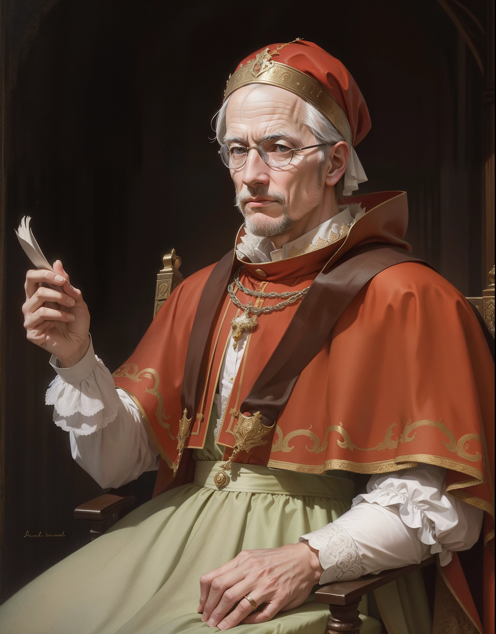 Cardinal Adrian of Utrecht, Cardinal clothes, very expensive and luxurious clothes, Dutch, age of 57, very old, short, main advisor in palace, majesty, religious chancellor, holding great power, man, male, knowledgeable in religion and politics, audience to Great Emperor, knowledgeable, social, negotiable, 16th century, renaissance, age of exploration, Spain palace 16th century in background