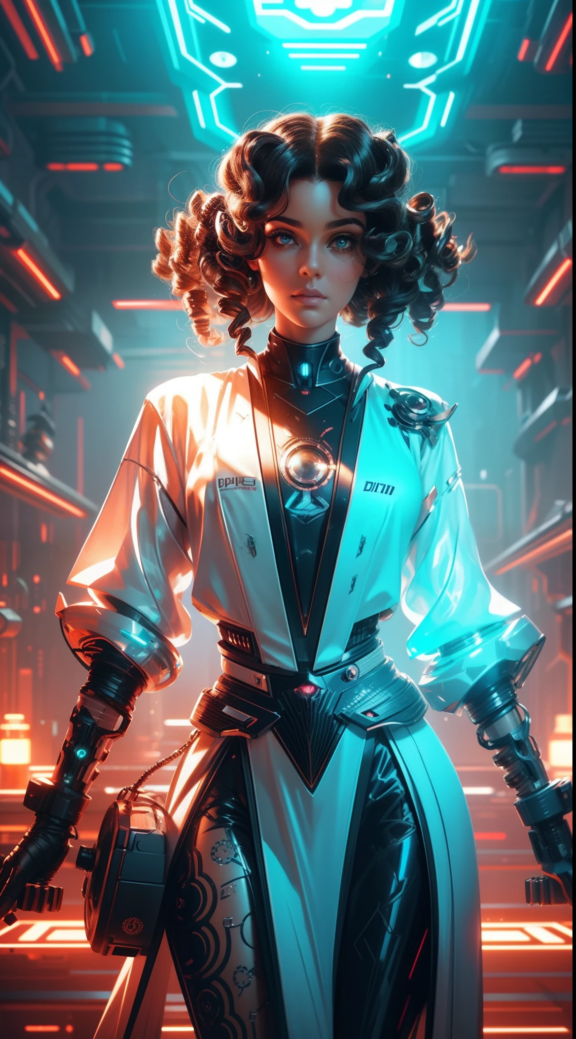 Futuristic portrait of a usa businesswoman with drill hair, regal ringlets, corkscrew curls, sci-fi, tech wear, glowing lights, direct gaze, symmetry, depth of field, intricate, elegant, highly detailed, digital painting, artstation, concept art, smooth, sharp focus, illustration, art by Greg Rutkowski, and Borris Vallejo