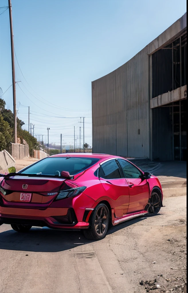 Cinematic Shot, Honda Civic2017 rebaixado,Clear Vermelho molhado, Rodas verdes, post apocalyptic [Stadium destroyed,back angle, taken by IMAX 65mm camera, [ensolarado], Hiper-detalhado --AR 21:9 --estilo cru