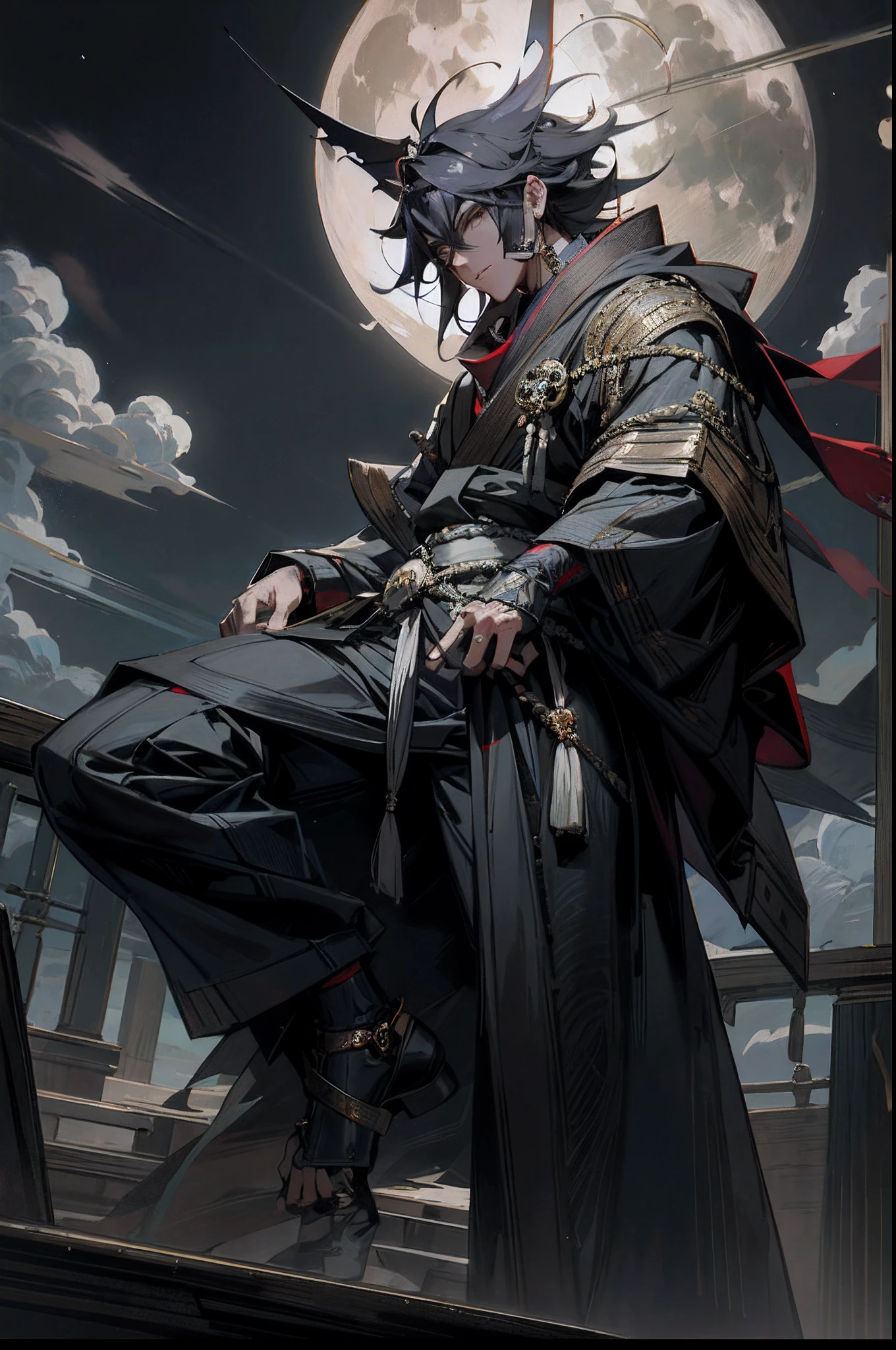 Image of Alphard of a man sitting on a railing，The background is the full moon。, by Yang J, trending on artstation pixiv, Ross Tran 8 K, Guweiz in Pixiv ArtStation, Guweiz on ArtStation Pixiv, mohrbacher, handsome guy in demon killer art, Guviz-style artwork