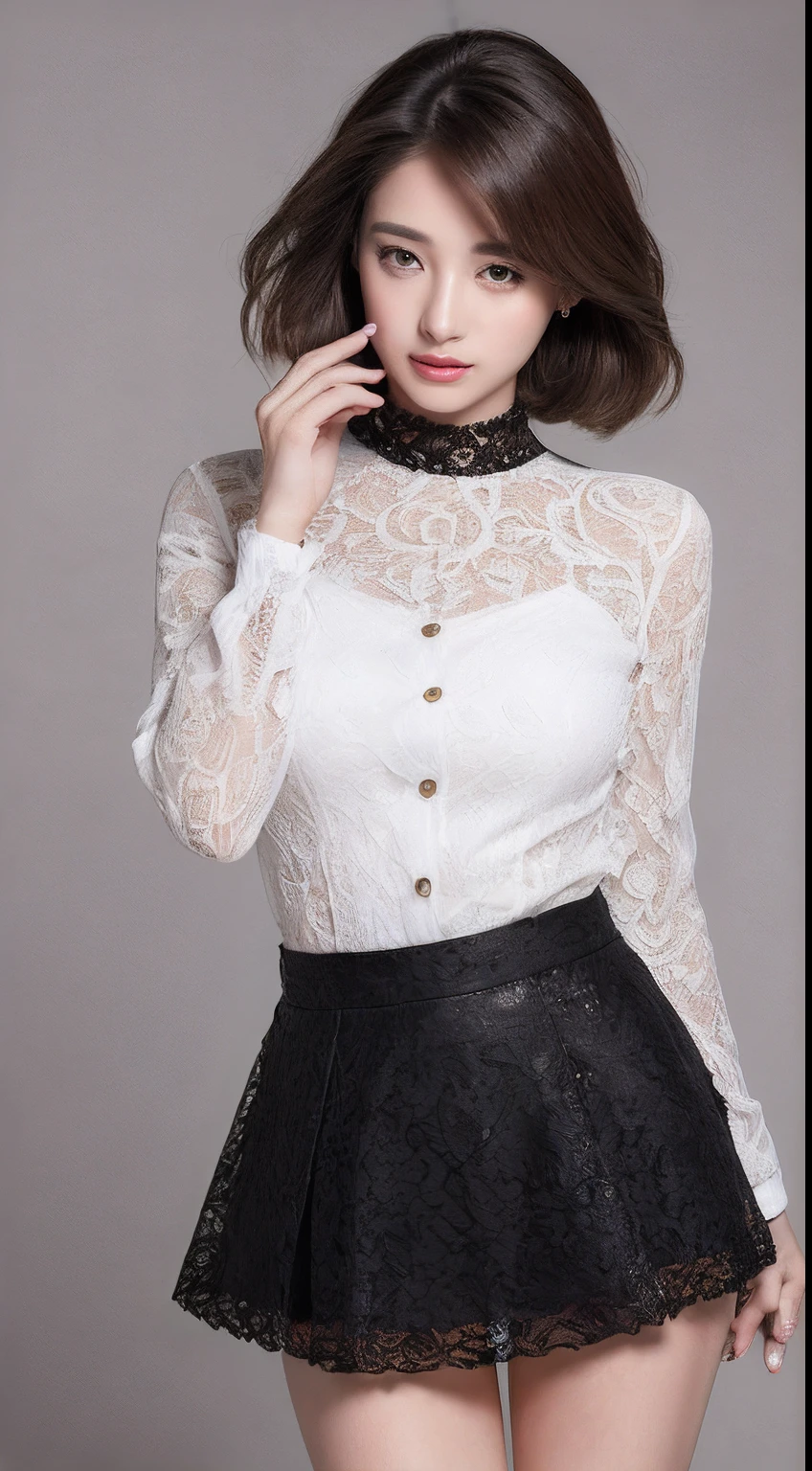Best Quality, (A MILF:1.4), Sit on the bed, Put your hands on your head, Short hair, (huge-breasted), (pencil skirts:1.2), (tight lace blouse:1.0), Smile, (Black tights:1.2)