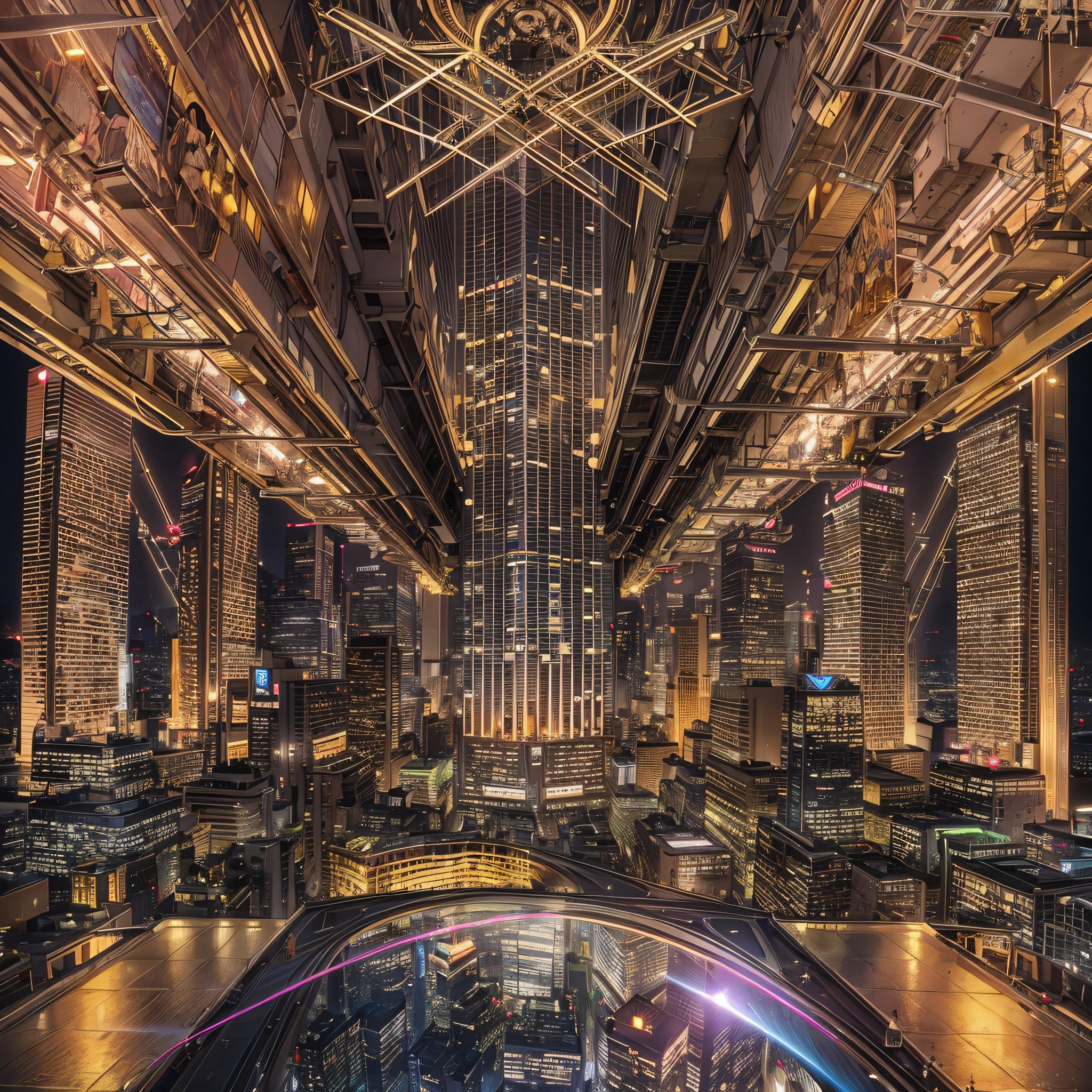 Night dance hall 100 meters above the ground,No ceiling,Skyscrapers around,laser beam,neons,DJ,Loud volume,Packed hall,champagne,tequila,spot light,Masterpiece,high-detail,perfect-composition,face perfect,perfect bodies,the golden ratio,8K