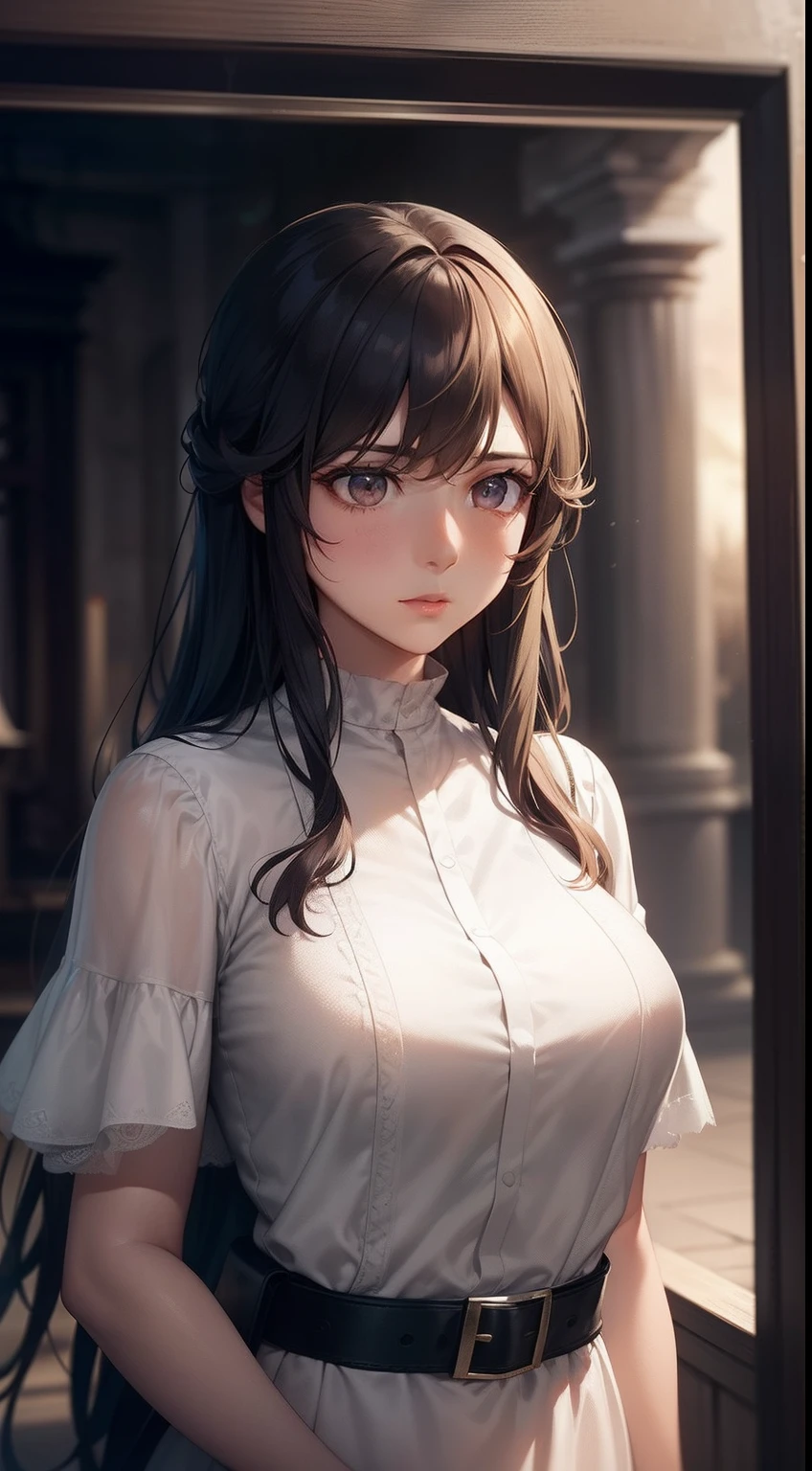 A subtle blur effect surrounds Evelyn's face, her gaze distant and unfocused as her memories begin to fade. The muted colors of the scene hint at the challenges that lie ahead.