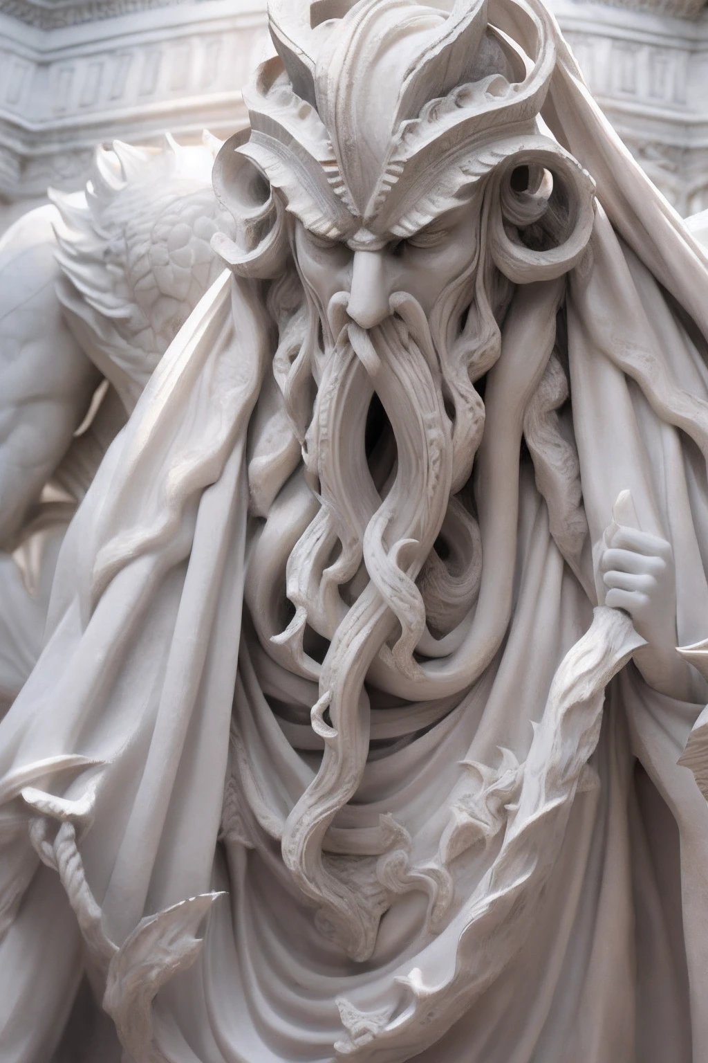 There is a statue of a man with a beard and head, escultura altamente detalhada, Fit male demon with white horns, detalhes finos. anime. tentacles, foto de cthulhu, Deus masculino bonito da morte, sculpture of carving marble, escultura muito detalhada, tiro extremamente detalhado da deusa, carved in white marble, deusa. Detalhes extremamente altos, Escultura de Moloch