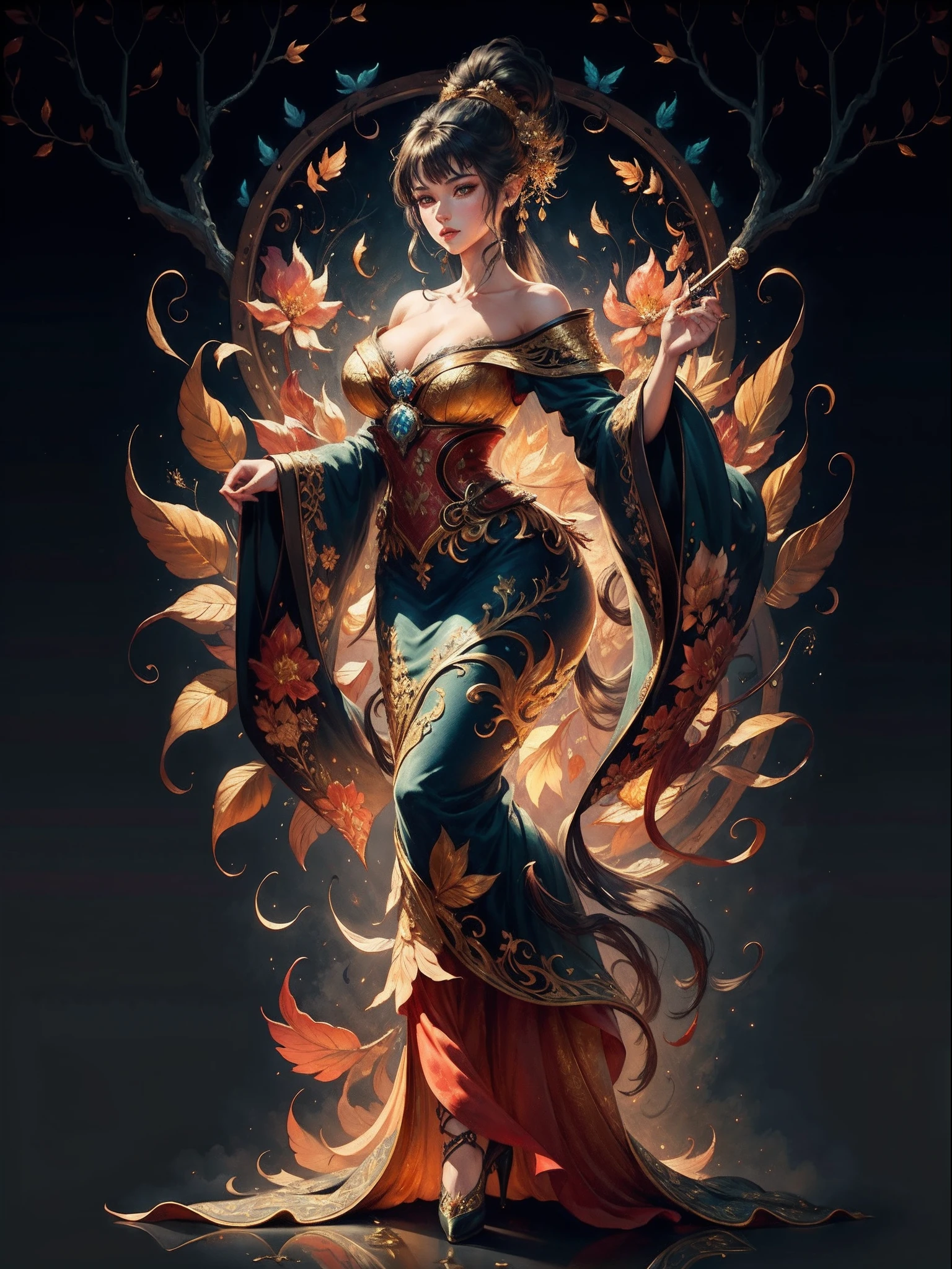 Masterpiece, best quality, real, completely real, a beautiful woman, ancient kimono majestic domineering, curvaceous figure, phoenix eyes, phoenix feathers, sunshine, clear face, masterpiece, super detail, movie composition, ultra hd, high quality, extremely detailed, official art, uniform 8k wallpaper, super detail, (very detailed CG unity 8k wallpaper), (best quality), (best illustration), (best shadow), UI interface border design with natural elements forest theme. Avatar frame designed as round, surrounded by delicate leaves and branches, with fireflies and glowing particle effects, (UI interface box design), (natural elements), (jungle theme), (square), (leaves), (branches), (fireflies), butterflies, (delicate leaves), (glow), (particle effects), isometric 3D, Octane rendering, ray tracing, super detailed, ((color theme : gold, red)), sublime but intricate design, intricate abstract, intricate very thick alcohol ink color designs, intricate dress, intricate very thick alcohol ink color pops up, full costume cover very thick alcohol ink color paint, intricate very thick alcohol ink color, 32k color, ((long high ponytail hair)), ((no hair bangs)), vivid color, highly detailed color 3d work paints, dress covered in zentangle flora alcohol ink, intricate shading, intricate and beautiful, ((full body view)), ((dynamic pose, seductive pose, dramatic serious pose, attractive pose, elegant pose))