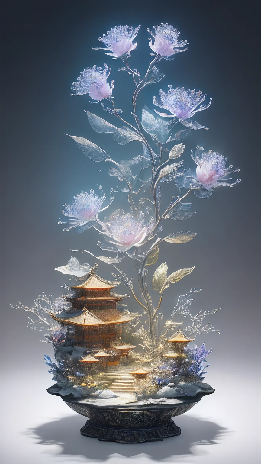 best quality, realistic, photorealistic,  ultra detailed, "Mountain of Flower and Fruit+Fairy+Chinese Architecture" highly detailed carving on "southern ice" porcelain,Ultra wide angle,Accent Lighting,Volumetric Lighting,backlighting, (detailed light),((an extremely delicate and beautiful)),dramatic_shadow,ray_tracing,hdr