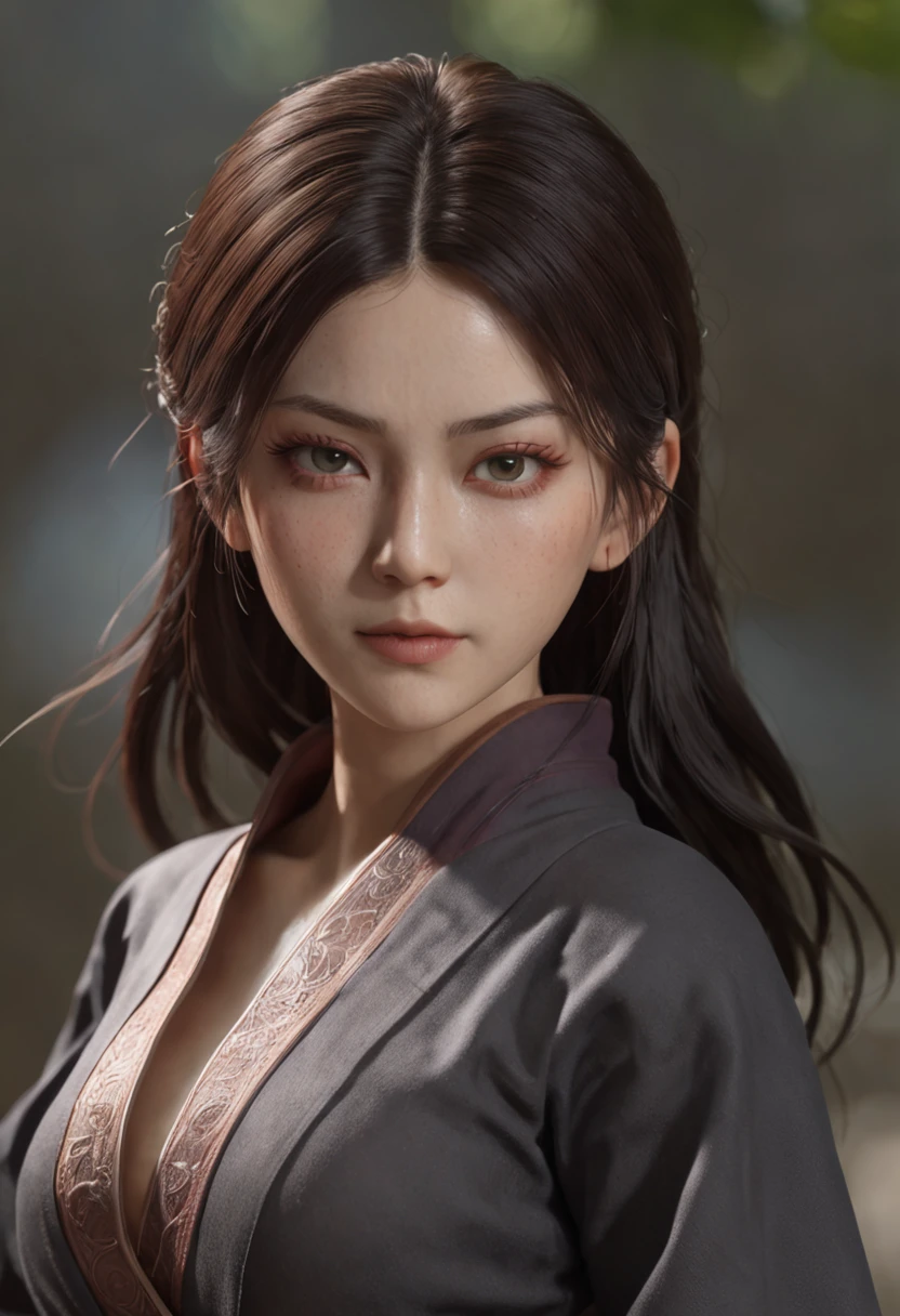 Portrait of Nobara Kagusagi, inspired from Jujutsu Kaiesn, hyper detailed" full body character " oily smooth skin" sharp detailed face," detailed eyes" Sukuna Looking at the camera"CGI, super realistic, Nobara looking at the viewer, seducive look, pretty eyes, sharp, 8k resolution, masterpiece, trending on art station