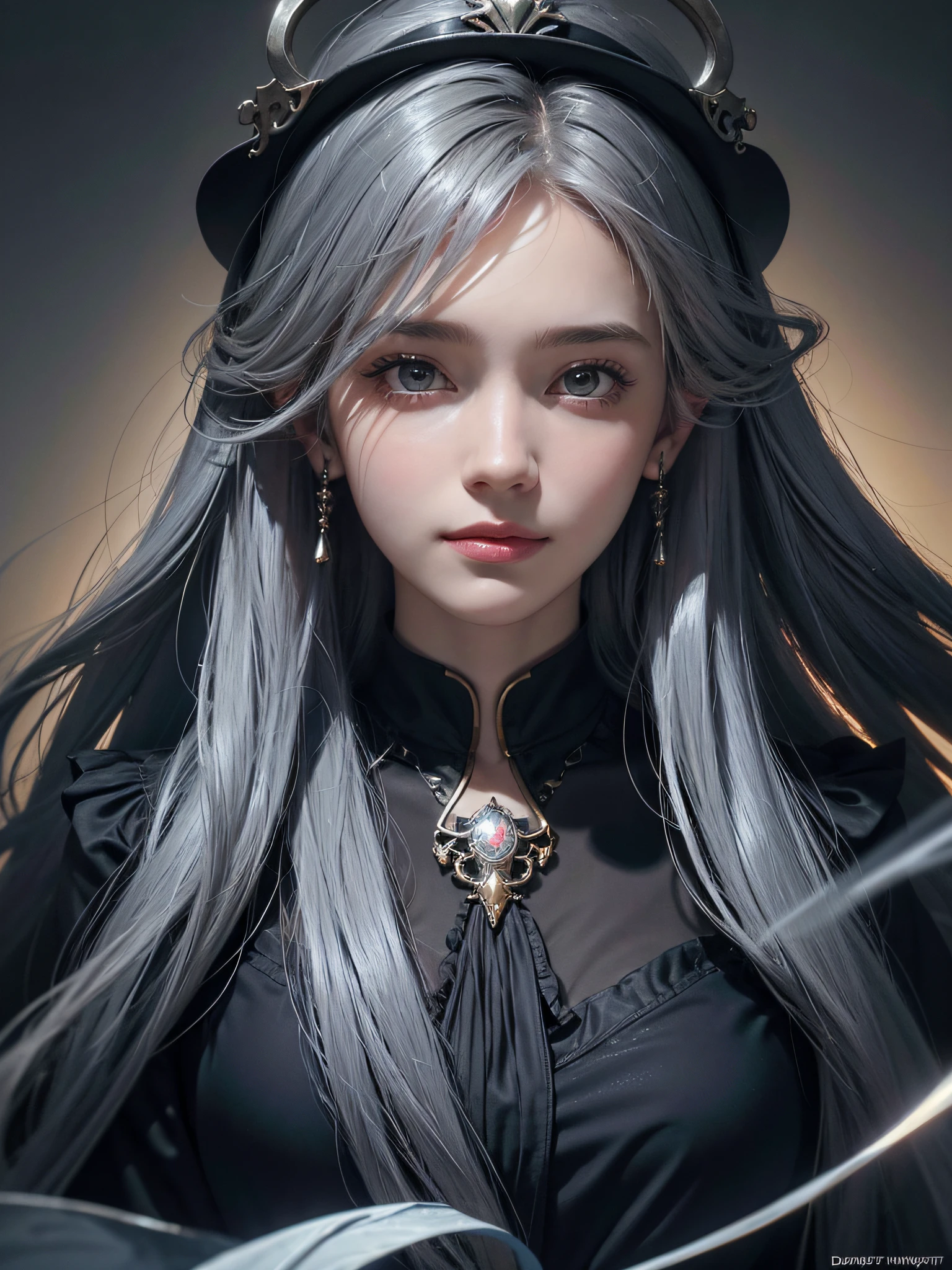 (Front Focus), (In the Dark: 1.6), Face Close-up, 1 Girl, Surrealistic Female Portraits by David Hockney and Alphonse Mucha, Fantasy Art, Photo Realism, Dynamic Lighting, ArtStation, Poster, Volumetric Lighting, Very Detailed Faces, 4 K, Award-Winning 1girl, Dark, Deep Shadow, Understated, Cowboy Shot, (Official Uniform: 1.4), Long Hair, Gray Hair, Smile, Ultra Fine Skin,