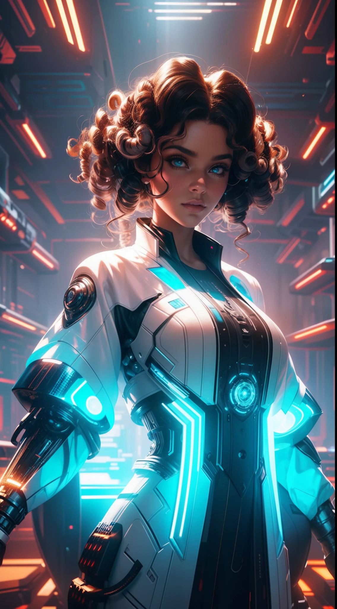 Futuristic portrait of a usa businesswoman with drill hair, regal ringlets, corkscrew curls, sci-fi, tech wear, glowing lights, direct gaze, symmetry, depth of field, intricate, elegant, highly detailed, digital painting, artstation, concept art, smooth, sharp focus, illustration, art by Greg Rutkowski, and Borris Vallejo