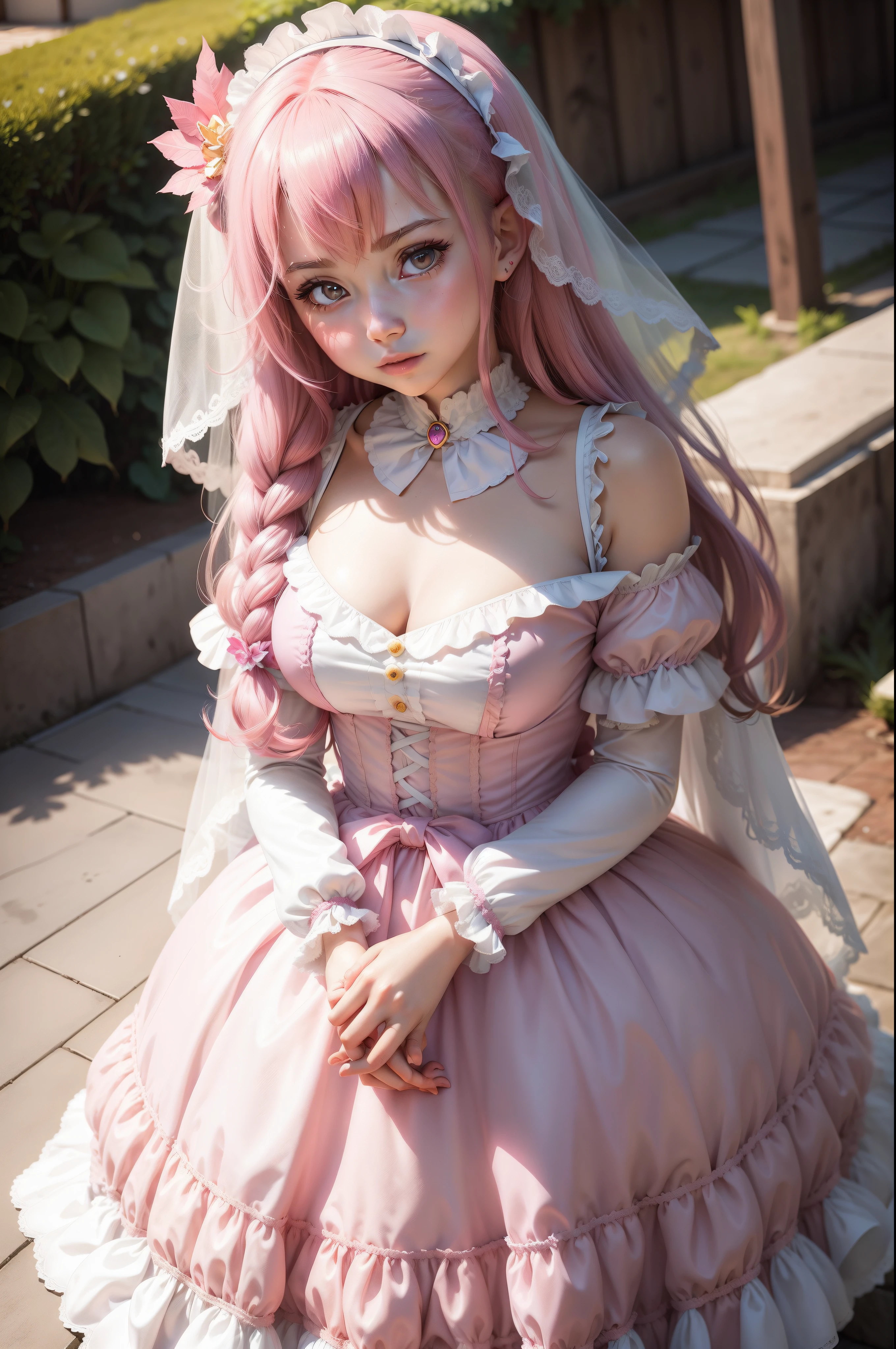 There is a woman in a pink dress and a white veil, portrait of magical lolita girl,The chest is particularly full,Get wet,Make the skirt translucent,A large part of the chest is not covered by clothing,cosplay of a catboy! maid! dress, loli in dress, Anime girl cosplay, Loli, portrait of radical lolita girl, Anime girl in real life, portrait of magical girl, Anime cosplay, belle delphine, Kawaii realistic portrait, portrait of lolita