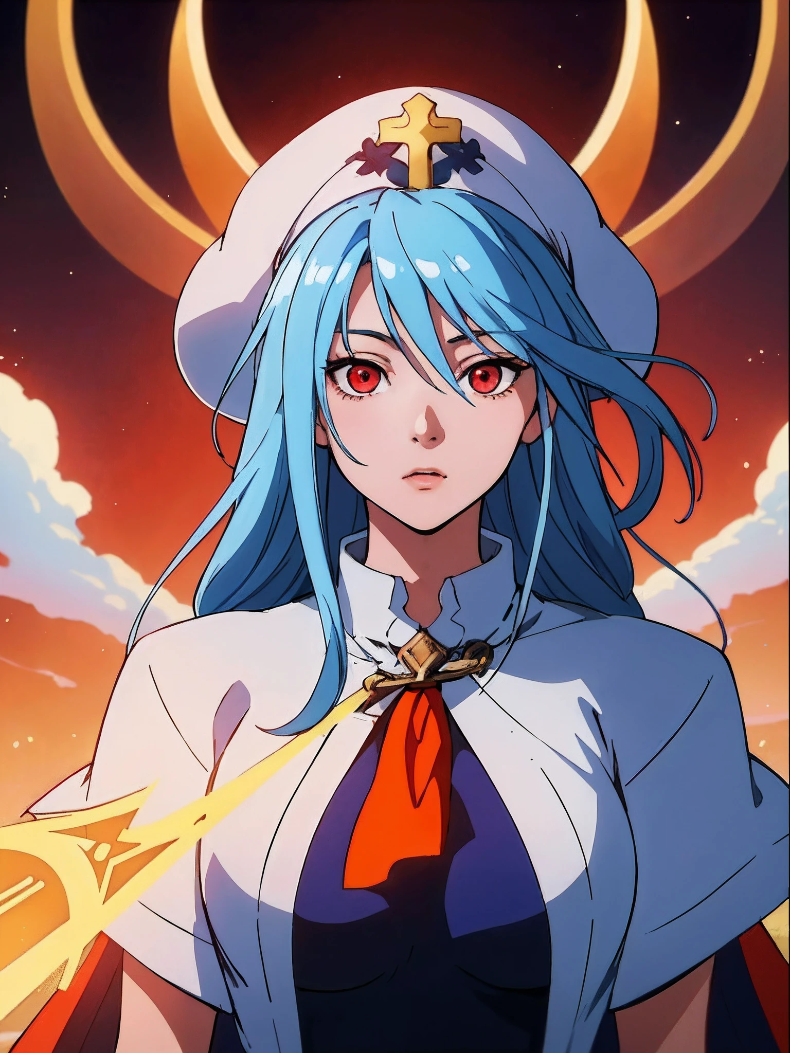 Fantasy background、(​masterpiece、top-quality:1.2)、((facing front:1.2))、With bangs、lightblue hair、Longhaire、red eyes、２０Young woman in age、((The upper part of the body:1.2))、Promotional Art、offcial art、(priestess:1.1)、Wearing a hat with a cross、Cross and blue apron、Orange Inner、With a mace、tits out