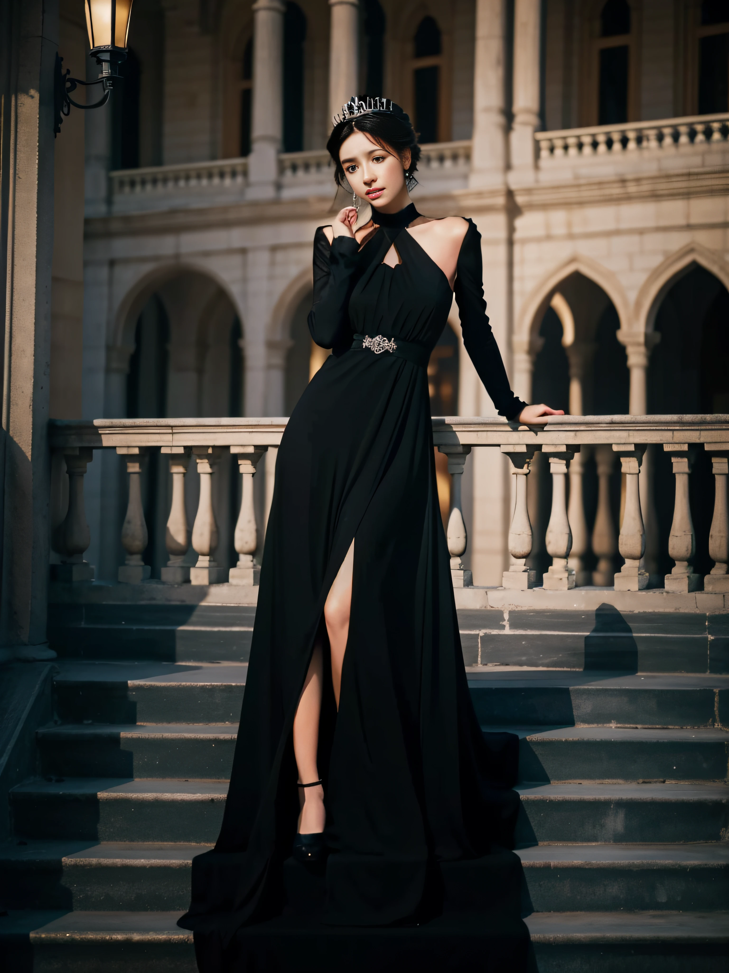 The princess wore a long pure black dress，Leaning on the handrail of the palace balcony