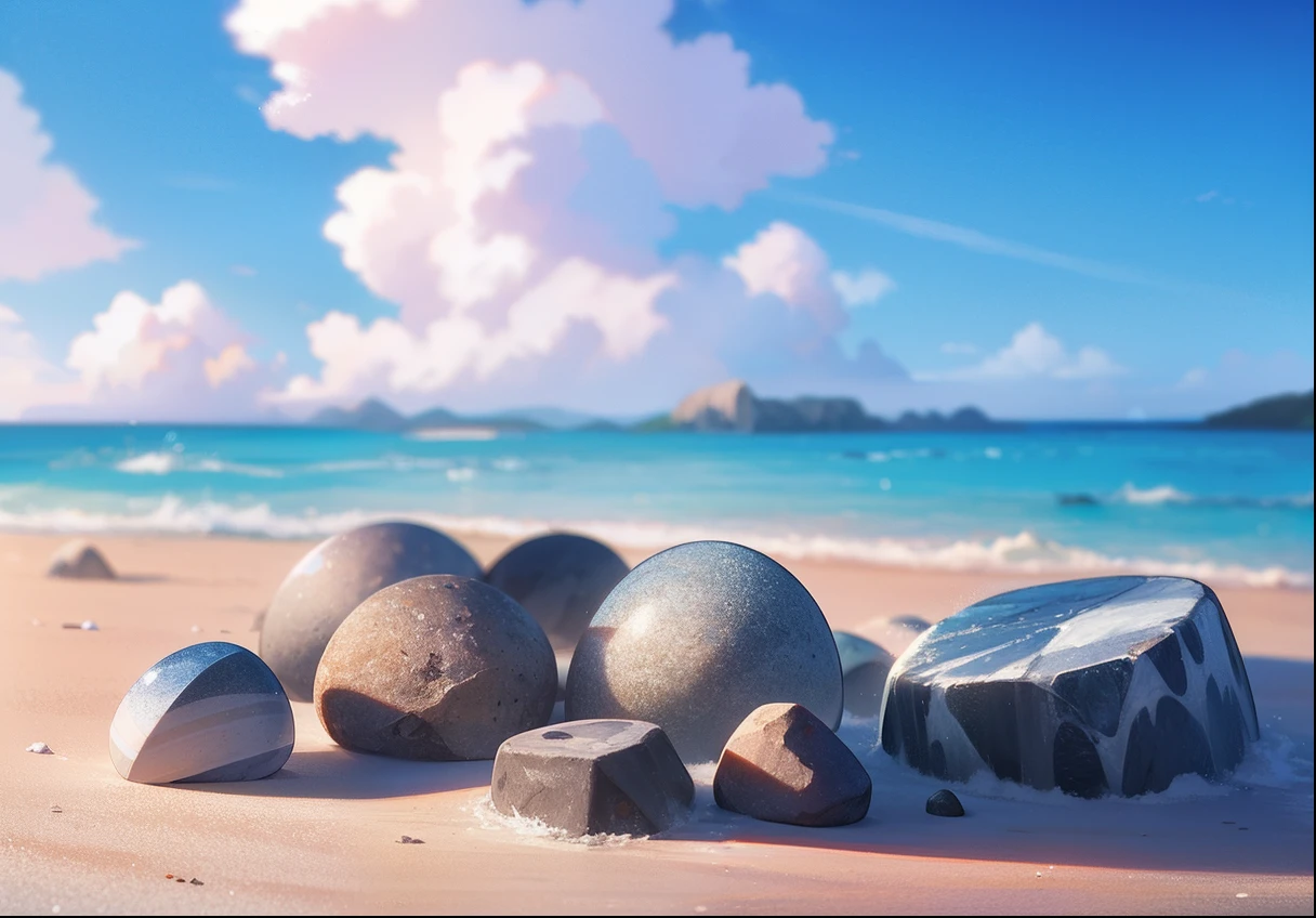 Exquisite scenes,depth of fields,8K,Blue sky,White clouds,The sun shines on the beach,There are many small colorful stones on the beach,Rose flower, --auto --s2