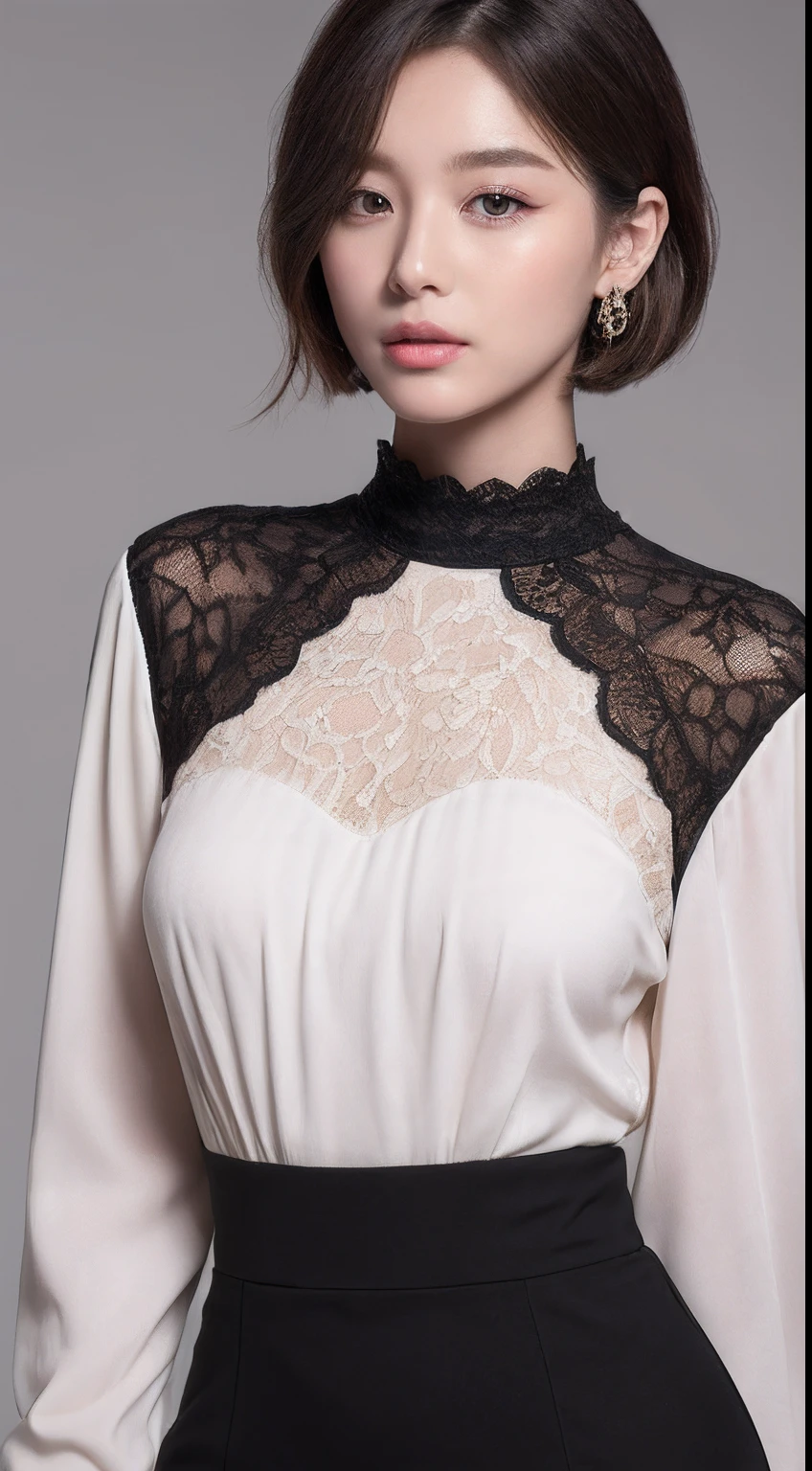 ((top-quality、8K、masterpiece:1.3))An ultra-high picture quality、Real Skin 1.3、Marble background、Full body depiction 1.3、1人、Glamour beautiful woman:1.3、Cool Beauty(light brown shorthair、huge-breasted:1.2)、sexy facial expression、big eye、Long Sleeve Black Lace High Neck Shirt:1.1、hyperdetailed face、ultradetailed eyes、super-detaild skin、Ultra detailed hands、Ultra-detailed fingertips on the face、Super detail beautiful legs、Super detailed beautiful hair、Ultra-detailed cloth、put one's hand over one's mouth、Korean Beauties、black lace skirt、piercings、beautiful and long legs、high-heels、Standing like a model、Walking、Stretching legs