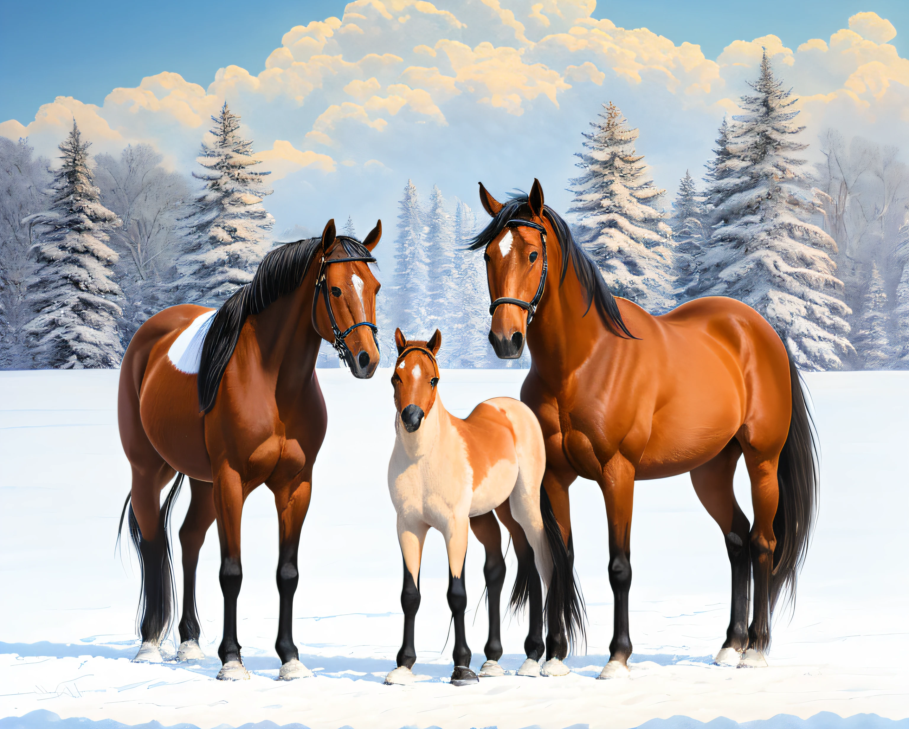 there are three horses standing in the snow together, majestic horses, horses, inspired by John Frederick Herring, Sr., family portrait, western art, by Wayne England, by Igor Grabar, hd illustration, by Brian Thomas, a hyper realistic, equine, inspired by John Frederick Herring, Jr., by Melissa Benson, family photo, super high resolution, ( art fitzpatrick )