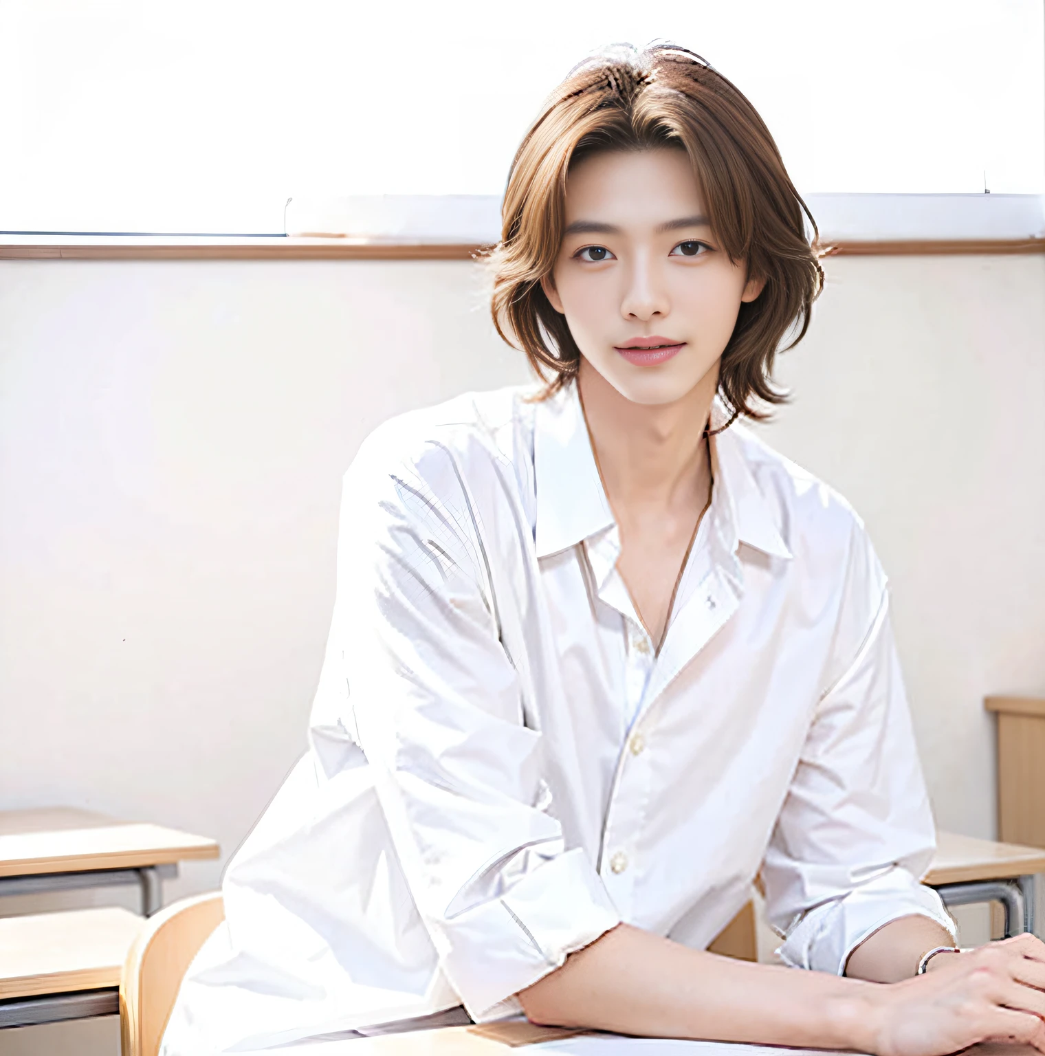 tmasterpiece,best qualtiy,hight resolution,超A high resolution,1 male、Johnny's,realisticlying,Young men,韓国アイドル、Handsome face,natural soft light,looking at viewert,student clothes、Classroom
