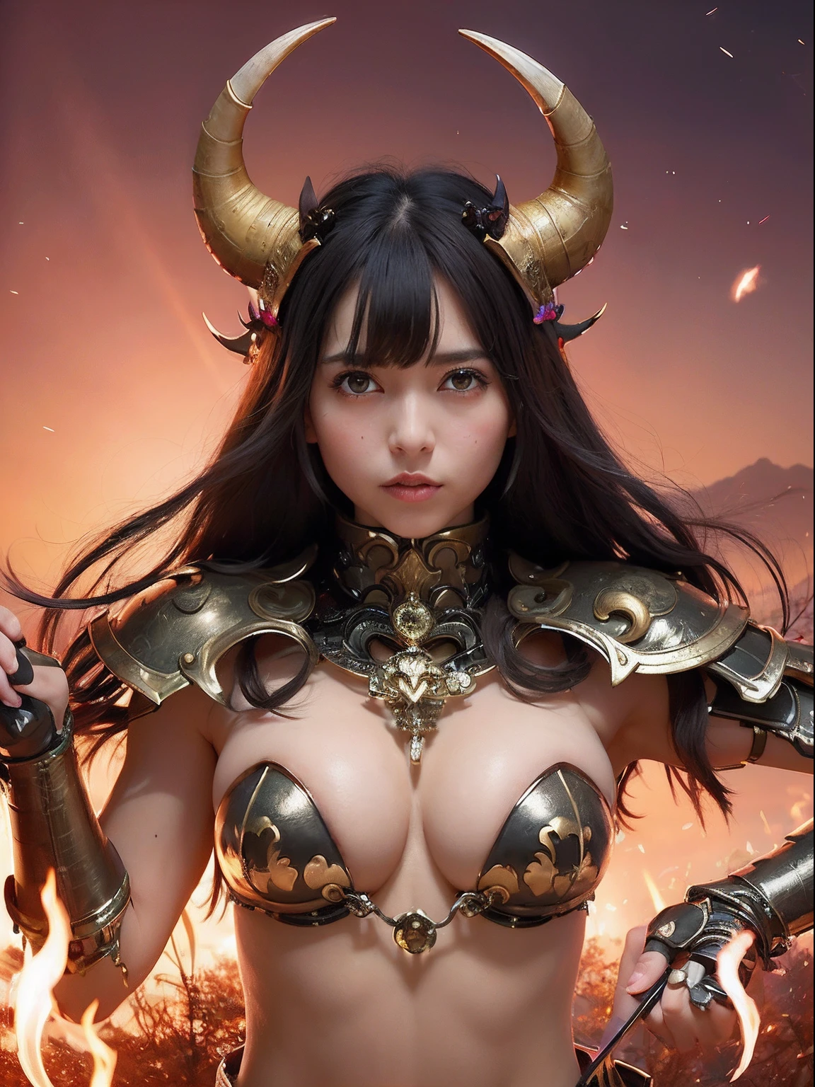 Professional , ​masterpiece、top-quality、photos realistic , depth of fields 、(A dark-haired) 、（Gemstone White Metal Body:1.4),(Matte Pink White、Jewel Gold Weapon、（maikurobikini）,Gorgeous metal weapons ,Particles of light、（Fight dragons）、（Black wings）、（（ Detailed and gorgeous sword of the brave）） ,Light Effects、intense fighting、Wind-effect、magic circles、 (A dark-haired)  ,Fight legions of soldiers in skeleton armor 、With the legendary magic wand、Dragon's tail、explosions、（（maikurobikini））、（（Gangle's forest background））、Beautiful Caucasian beauty、１a person、dynamic ungle,(((Details of the two demon horns on the head)))、Smaller head、A smile、Background inside the castle、Thin and beautiful female hands、cleavage of the breast、Mystical expression、Light Effects、Wind-effect、（wingspan）、Toostock、Anatomically correct body、Battle Pose、