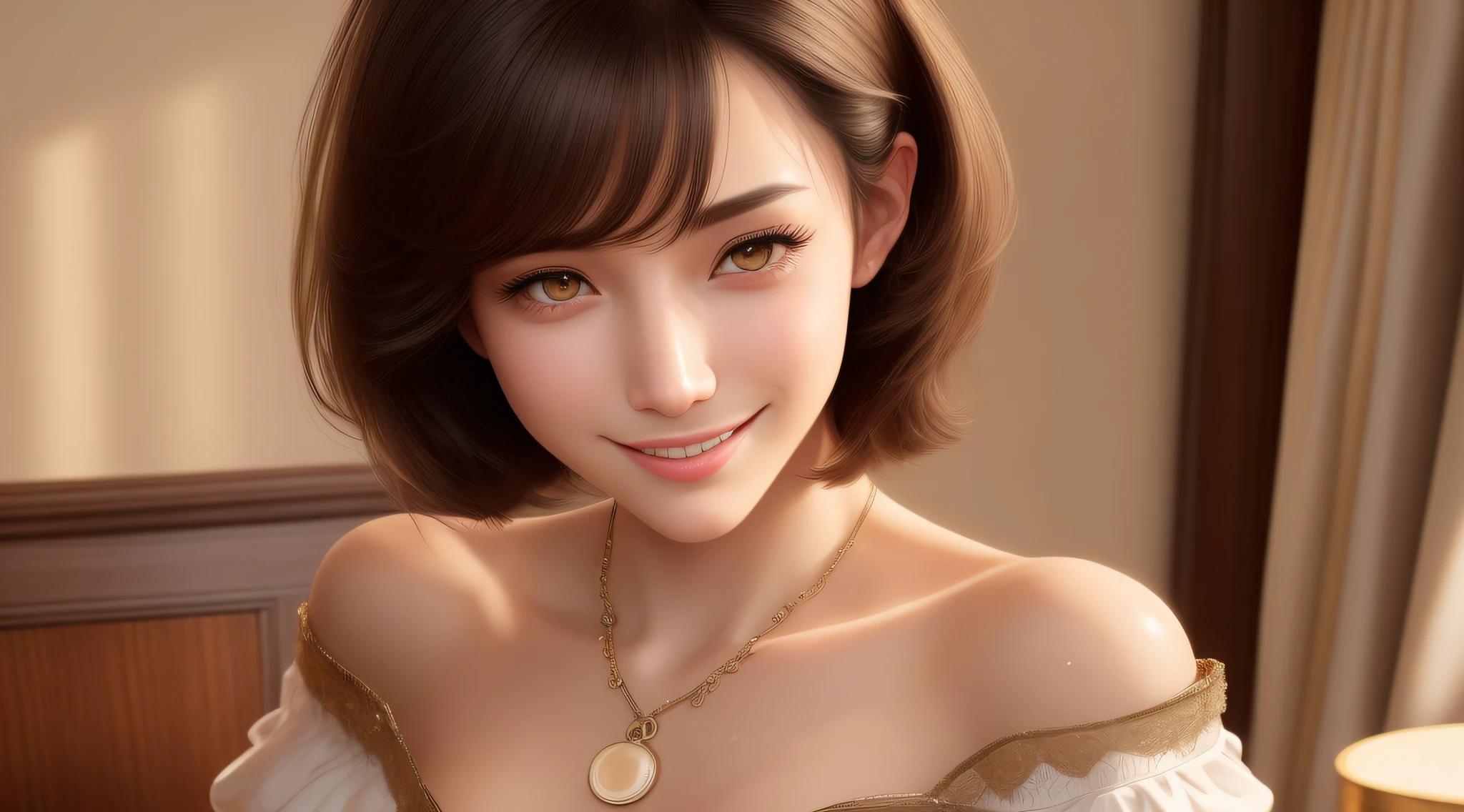 pretty anime woman with perfect figure: 1.4, dark brown hair, big, wearing pendants, torn shorts, sleeping in bedroom, very detailed face and skin, detailed eyes, double eyelids, top quality, masterpiece, (photorealistic: 1.4), one woman, golden ratio, high angle shot, upper eye care, low angle shot, perfect face, beautiful figure, cute face, face close-up, zoom in on face, short bob, short hair, smile from different angles, smile, gloss, highlight, gloss, glossy on skin, glossy on skin, wet skin, wet, bangs, cute smile, bust, off-shoulder, refreshing charm, elegant, perfect hands, smile from angle, smile, shiny, highlight, glossy skin, bangs, bust, big, Warm off-shoulder, refreshing charm, ears out, gaze to the camera, poses at different angles