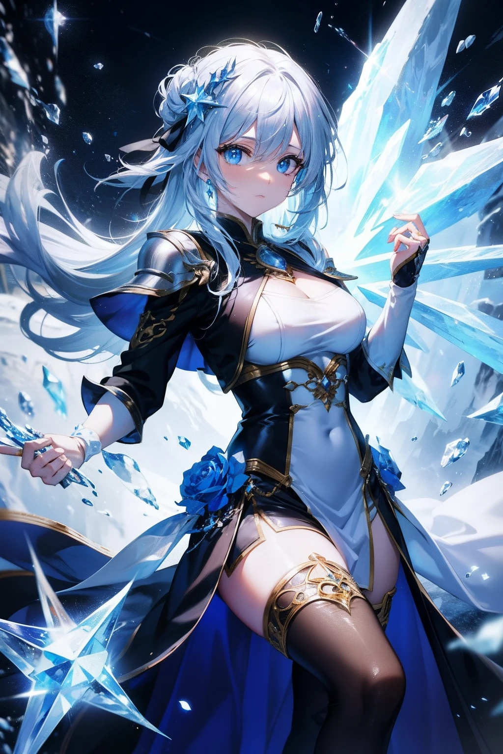 ((combat readiness))、cloak、(Blue tattoo)、(((naked)))、(((pubic hair)))、female organ、Beautiful woman、(((light blue hair up style)))、((whole body))、The background is the night sky