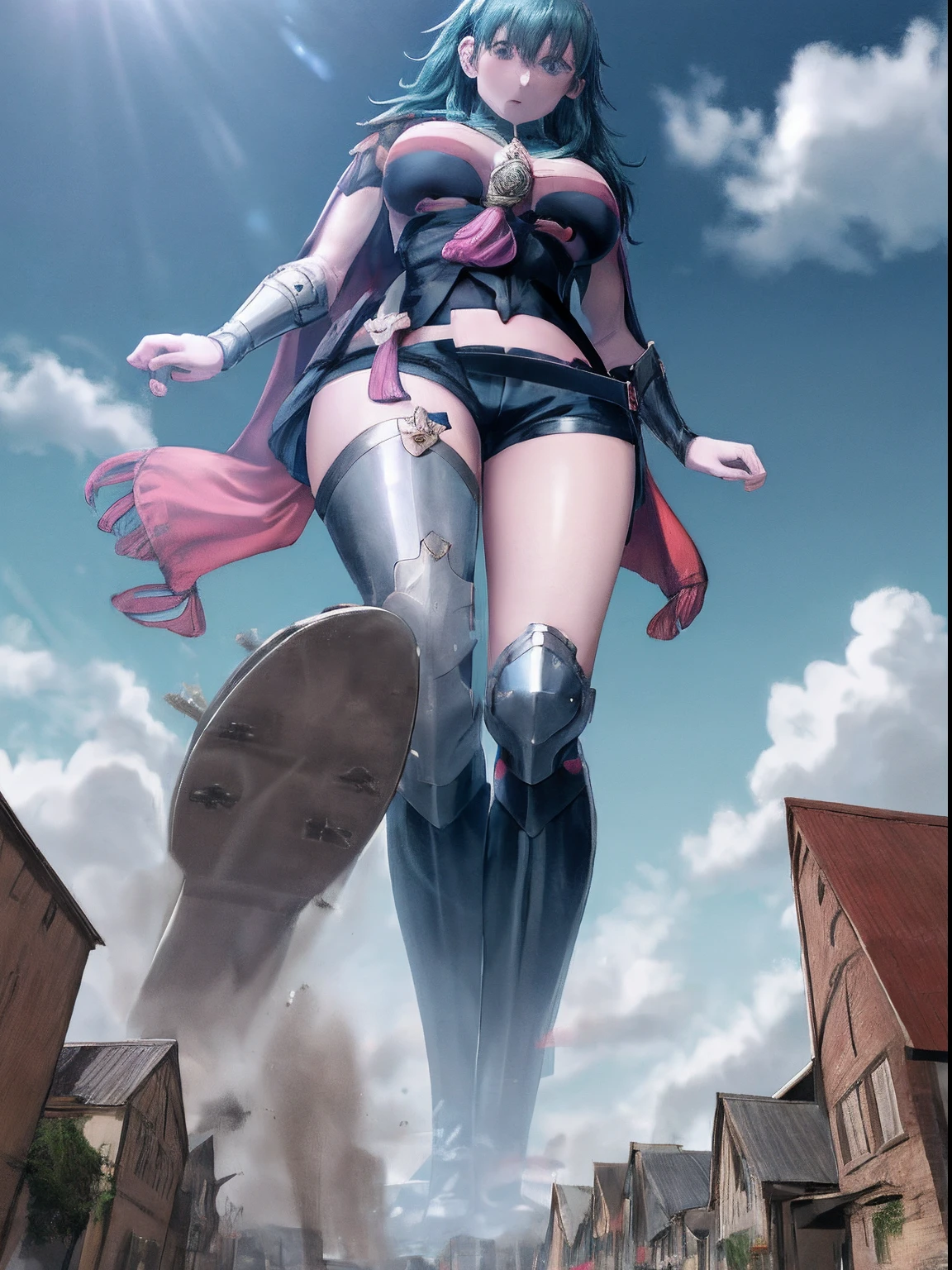 masutepiece, Best Quality, Vibrant colors, ((Huge mother)), ((Height 30m:1.2)), Gargu=Macaw Abbey, byleth, fembyleth, Detached collar, Black Cape, Black crop top, breastplates, tassels, Belt bag, Short shorts, gauntlets, garden, cobblestone pathway, Edelgard looking up