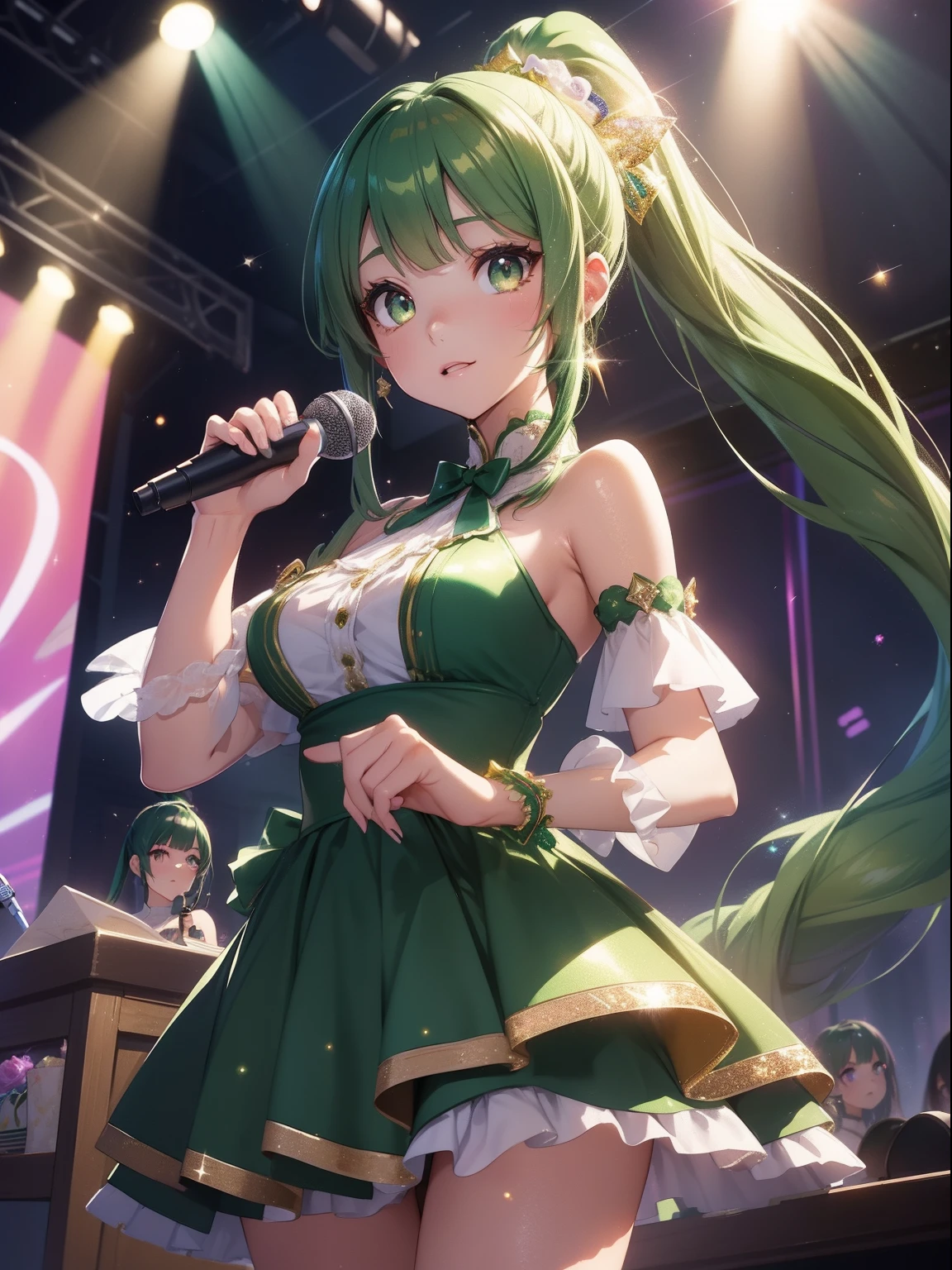 masutepiece, High resolution, 8K, anime woman, Delicate and detailed writing 、Detailed digital illustration、absurdly long hair、(((Ponytail)))、Shiny hair、a very beautiful woman、Eyes are double, Large,Little hanging eyes、 Bust E Cup、High image quality, High quality、Detailed background、(((Wearing idol clothes)))、((Glittering live stage backdrop))、The inside of the eye shines like a diamond、(((Dark green hair)))、Gradient pupil、(((2 arms、4 fingers, 1 thumb)))、Detailed female face、Very beautiful and cute woman、、细致背景、​masterpiece、Soft Focus , Bright gradient watercolor , Lens Flare , (((Glitter))) , Glow , Dreamy , (((Holding the microphone in her hand)))、a miniskirt、Idol、Light Green Ribbon、Very beautiful light green rose hair accessories、Light green and gold costume with white as the main color、((POV))、Cool Girl、Tall lady、Dignified.((oblique bangs))